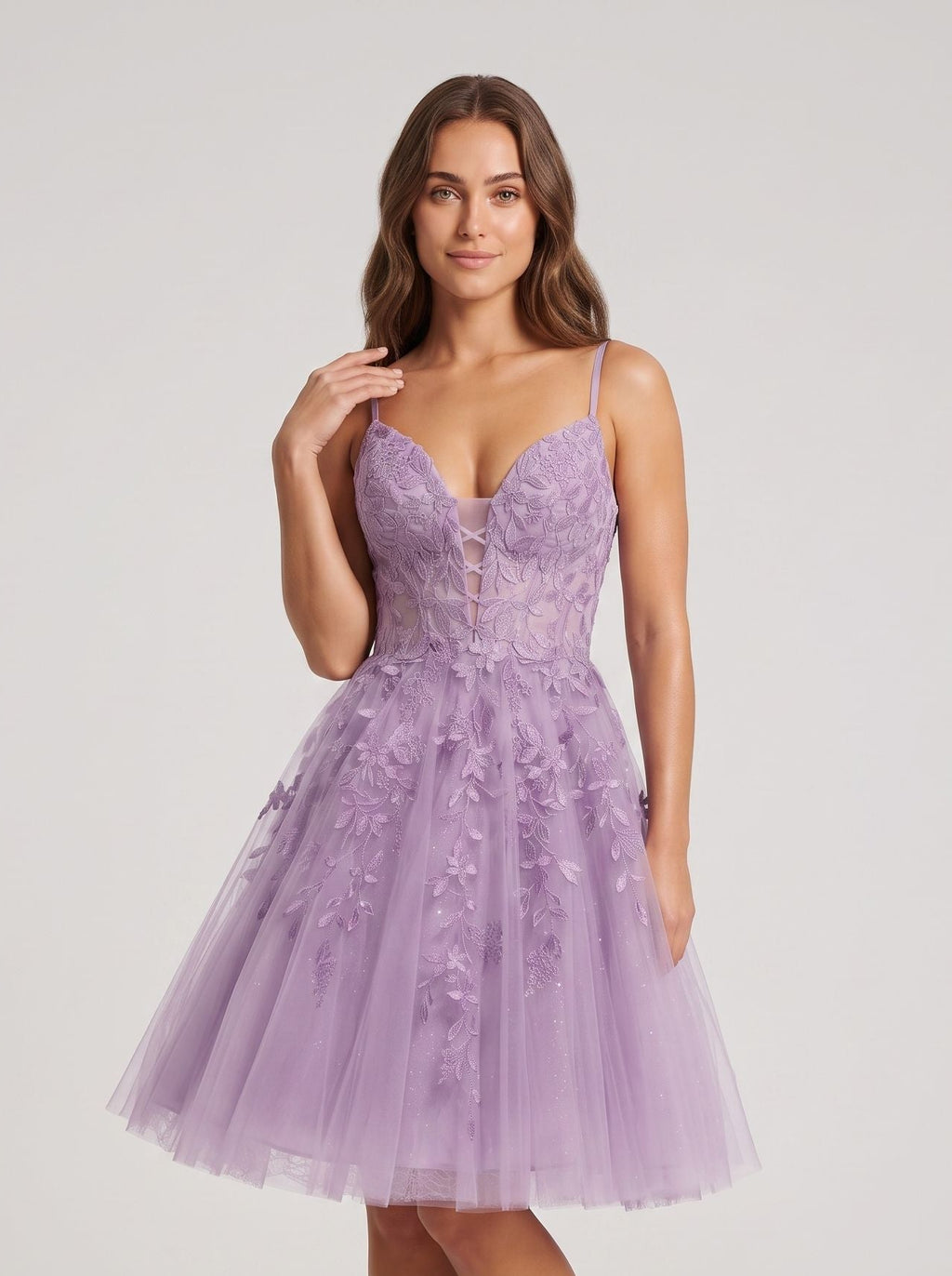 Lavender Tulle A-Line V-Neck Lace-up Short Dress with Appliques