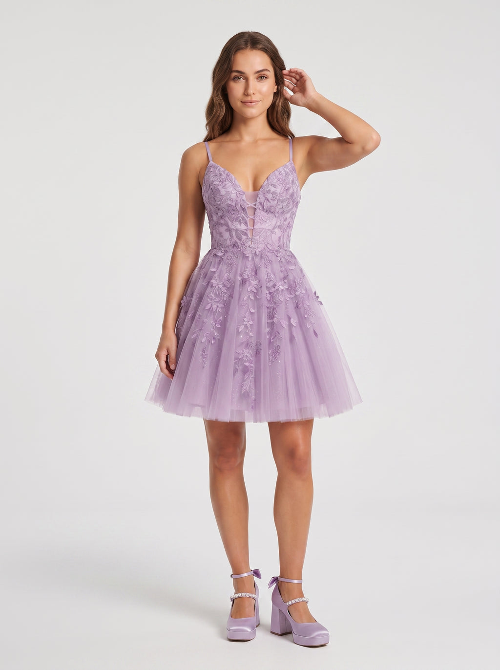 Lavender Tulle A-Line V-Neck Lace-up Short Dress with Appliques