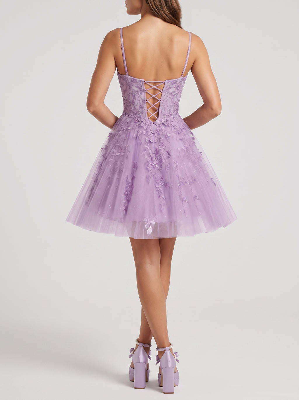 Lavender Tulle A-Line V-Neck Lace-up Short Dress with Appliques