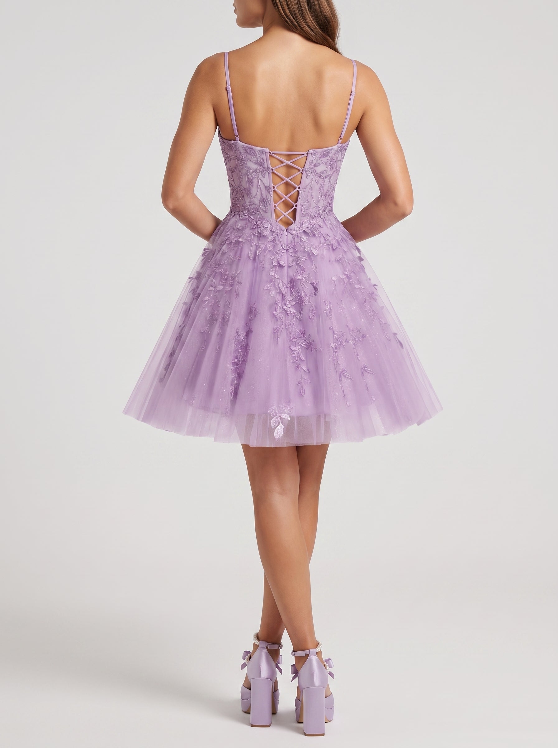 Lavender Tulle A-Line V-Neck Lace-up Short Dress with Appliques