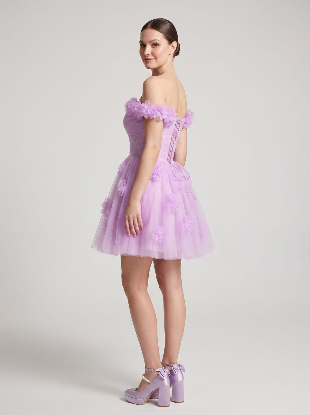 Wisteria Tulle A-Line Off-the-Shoulder Lace-up Short Dress with 3D Florals