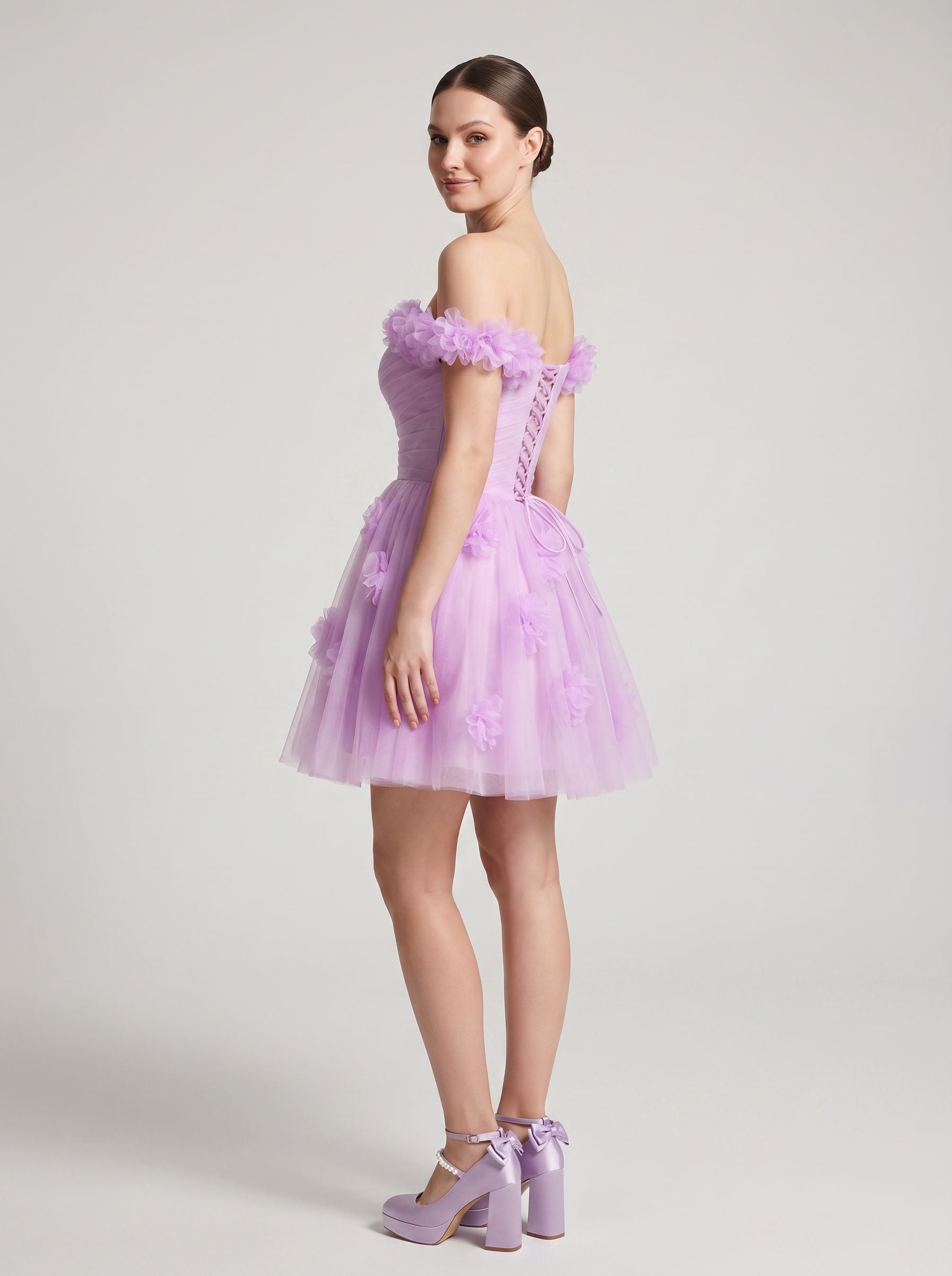 Wisteria Tulle A-Line Off-the-Shoulder Lace-up Short Dress with 3D Florals