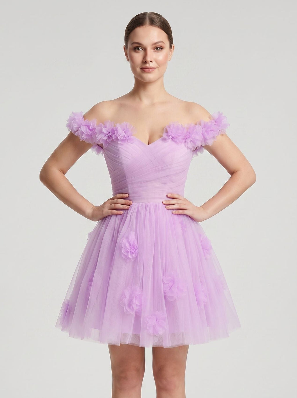 Wisteria Tulle A-Line Off-the-Shoulder Lace-up Short Dress with 3D Florals