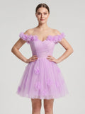Wisteria Tulle A-Line Off-the-Shoulder Lace-up Short Dress with 3D Florals