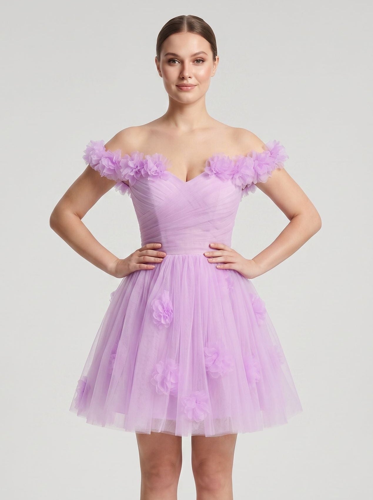 Wisteria Tulle A-Line Off-the-Shoulder Lace-up Short Dress with 3D Florals