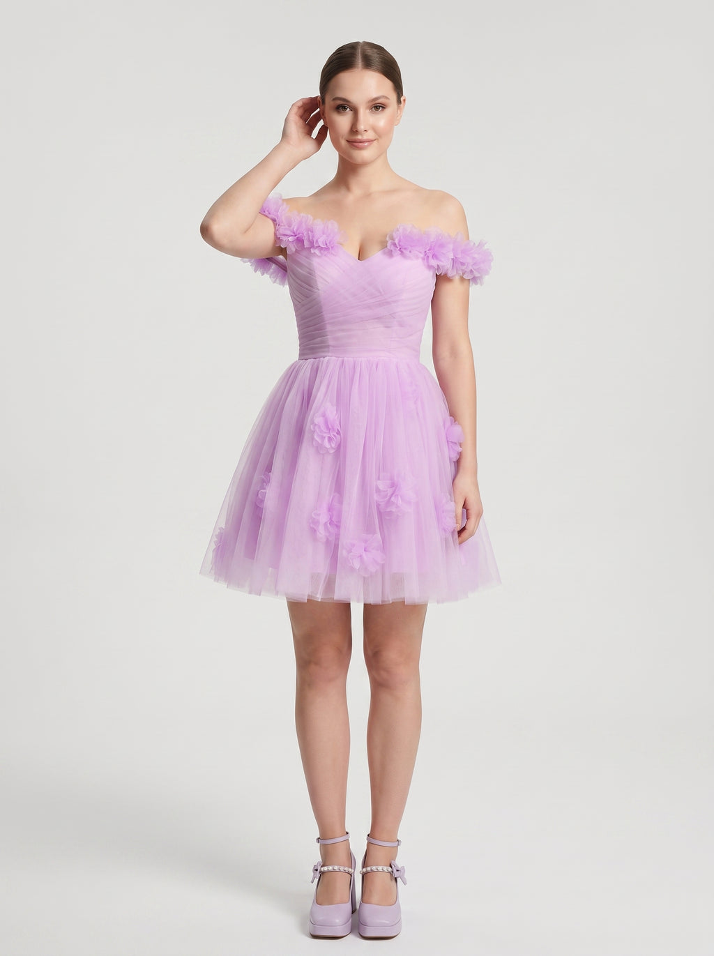 Wisteria Tulle A-Line Off-the-Shoulder Lace-up Short Dress with 3D Florals