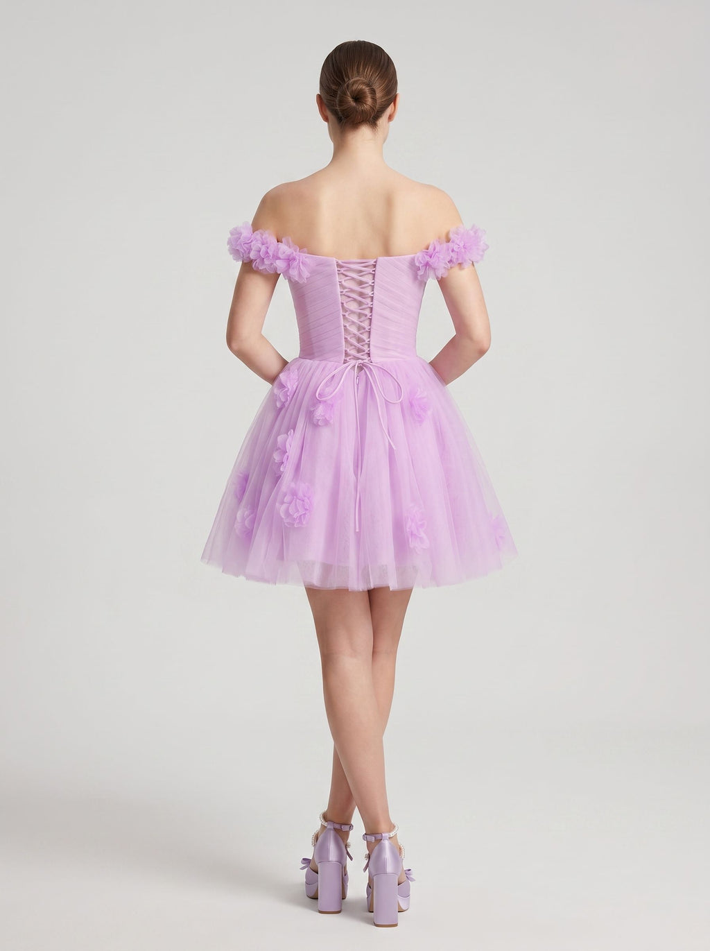 Wisteria Tulle A-Line Off-the-Shoulder Lace-up Short Dress with 3D Florals