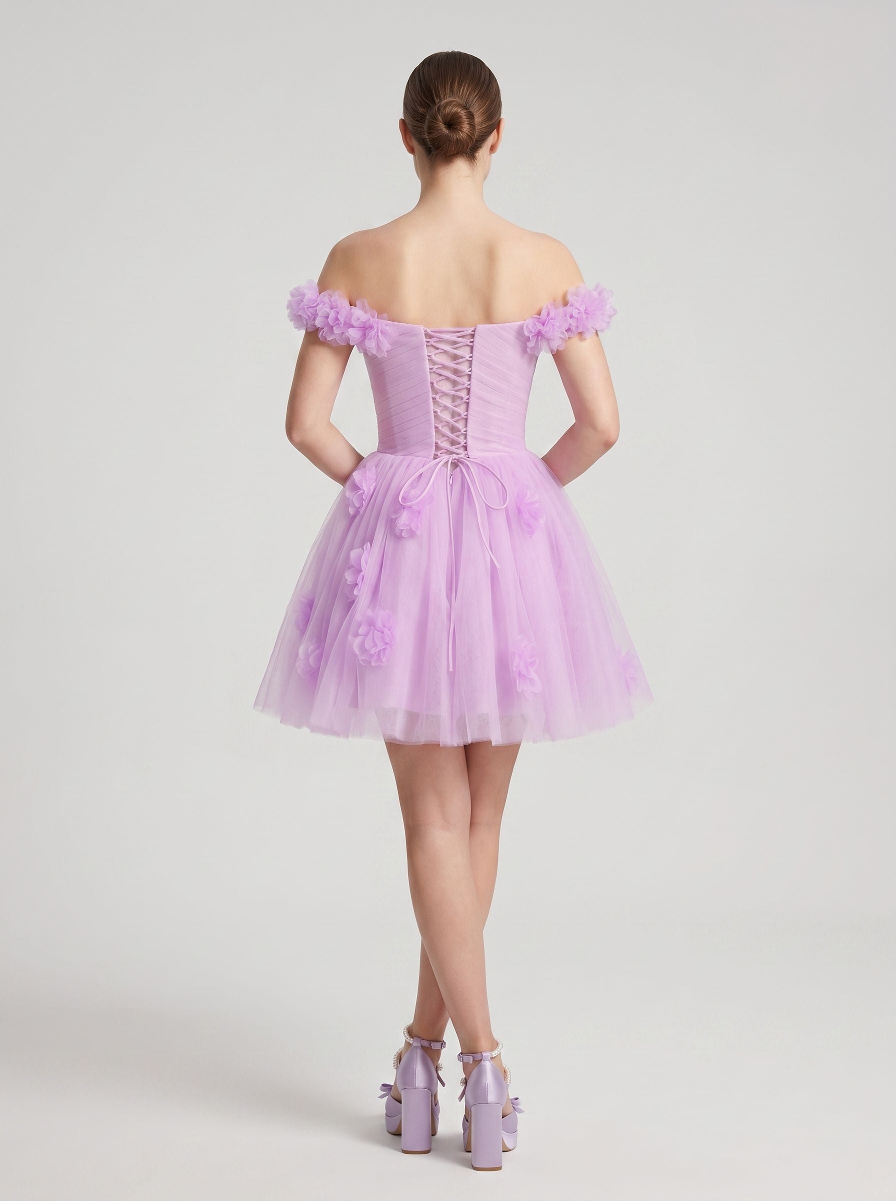 Wisteria Tulle A-Line Off-the-Shoulder Lace-up Short Dress with 3D Florals
