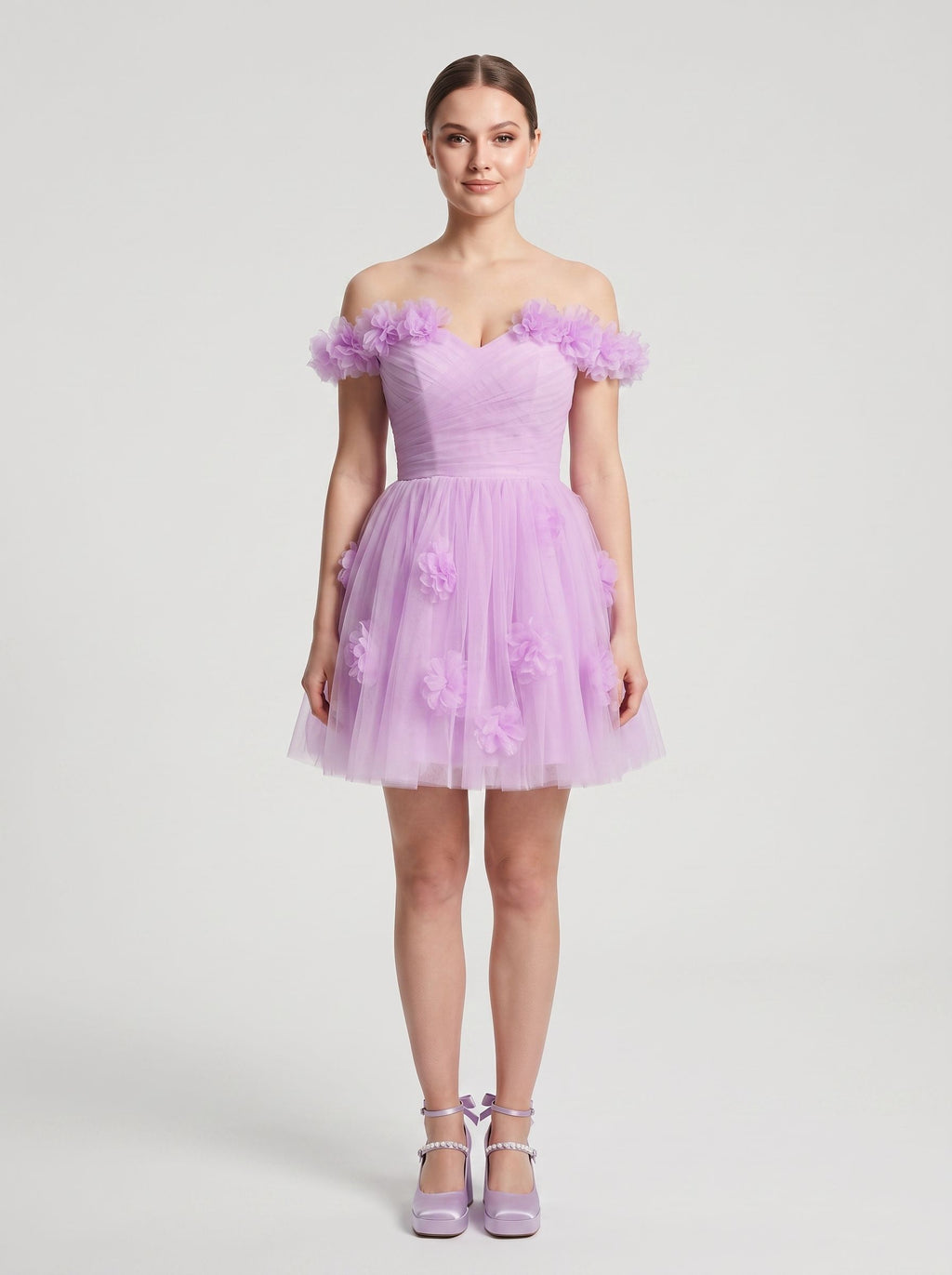 Wisteria Tulle A-Line Off-the-Shoulder Lace-up Short Dress with 3D Florals