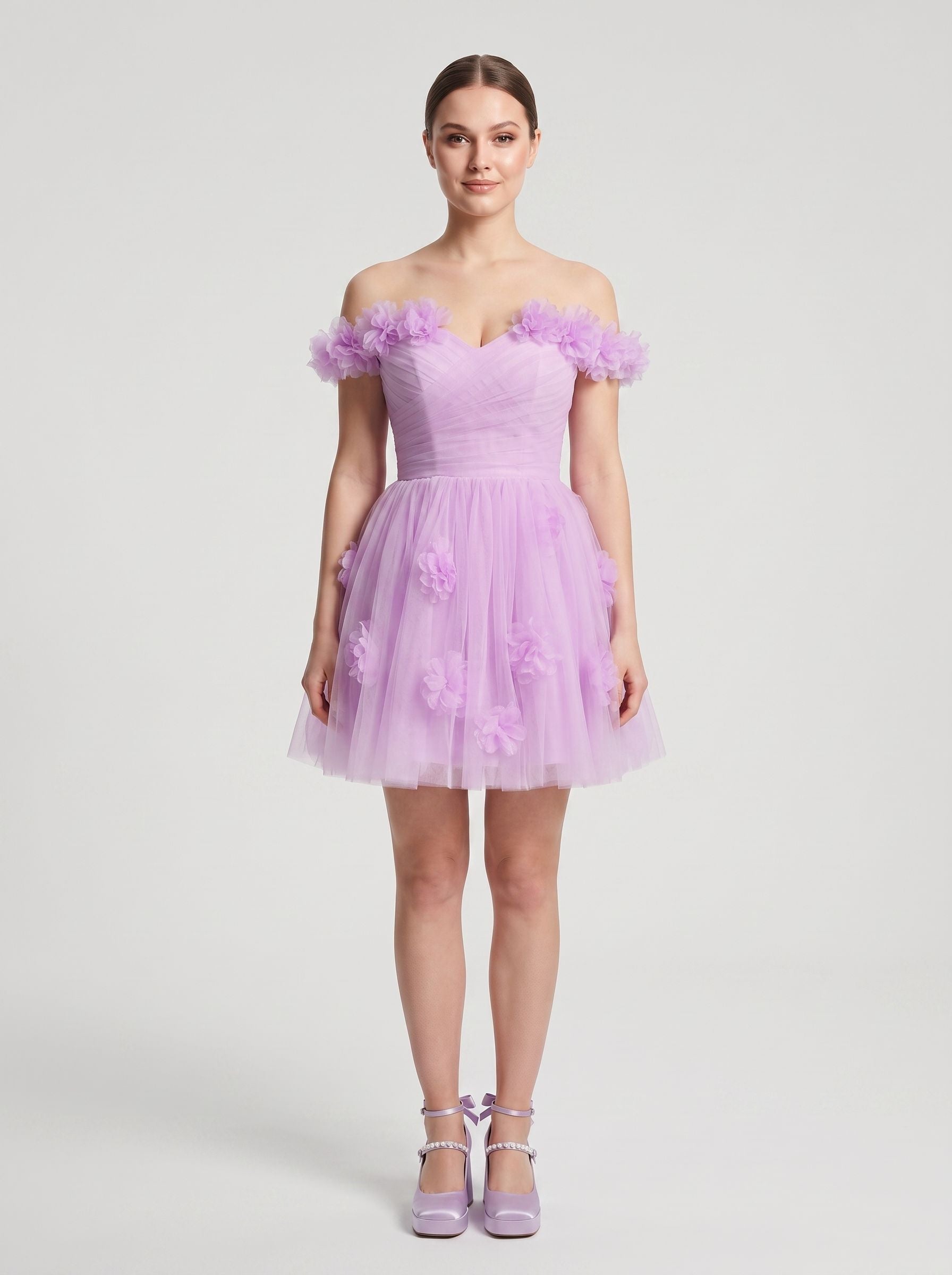 Wisteria Tulle A-Line Off-the-Shoulder Lace-up Short Dress with 3D Florals