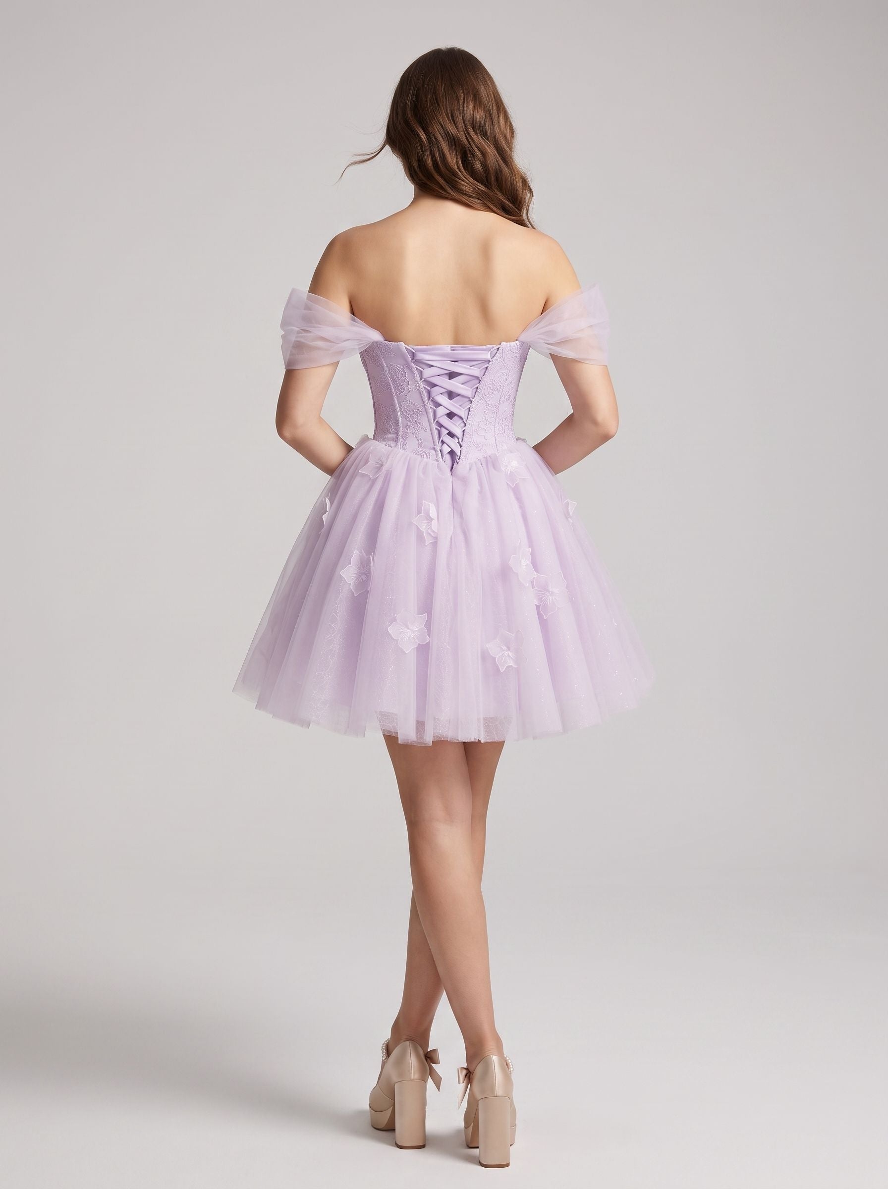 Lilac Tulle A-Line Off-the-Shoulder Criss-Cross Straps Short Dress with 3D Flowers