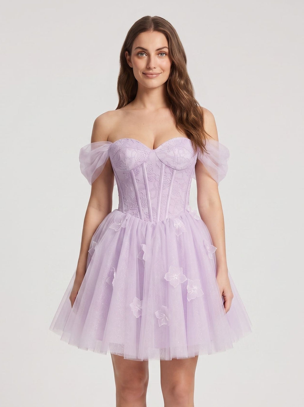 Lilac Tulle A-Line Off-the-Shoulder Criss-Cross Straps Short Dress with 3D Flowers