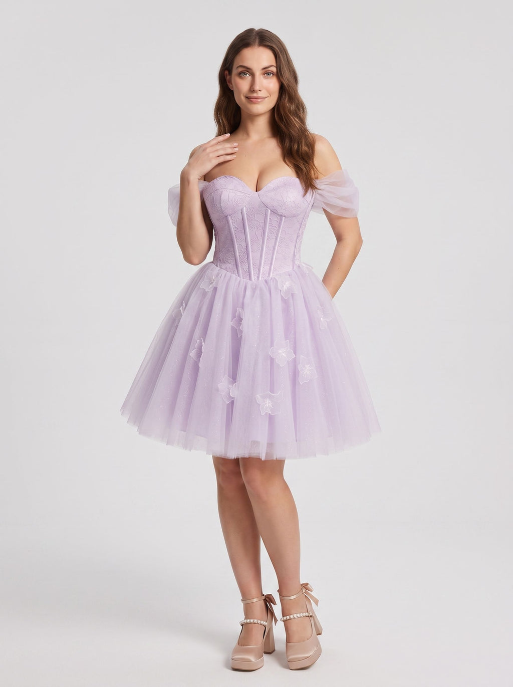 Lilac Tulle A-Line Off-the-Shoulder Criss-Cross Straps Short Dress with 3D Flowers
