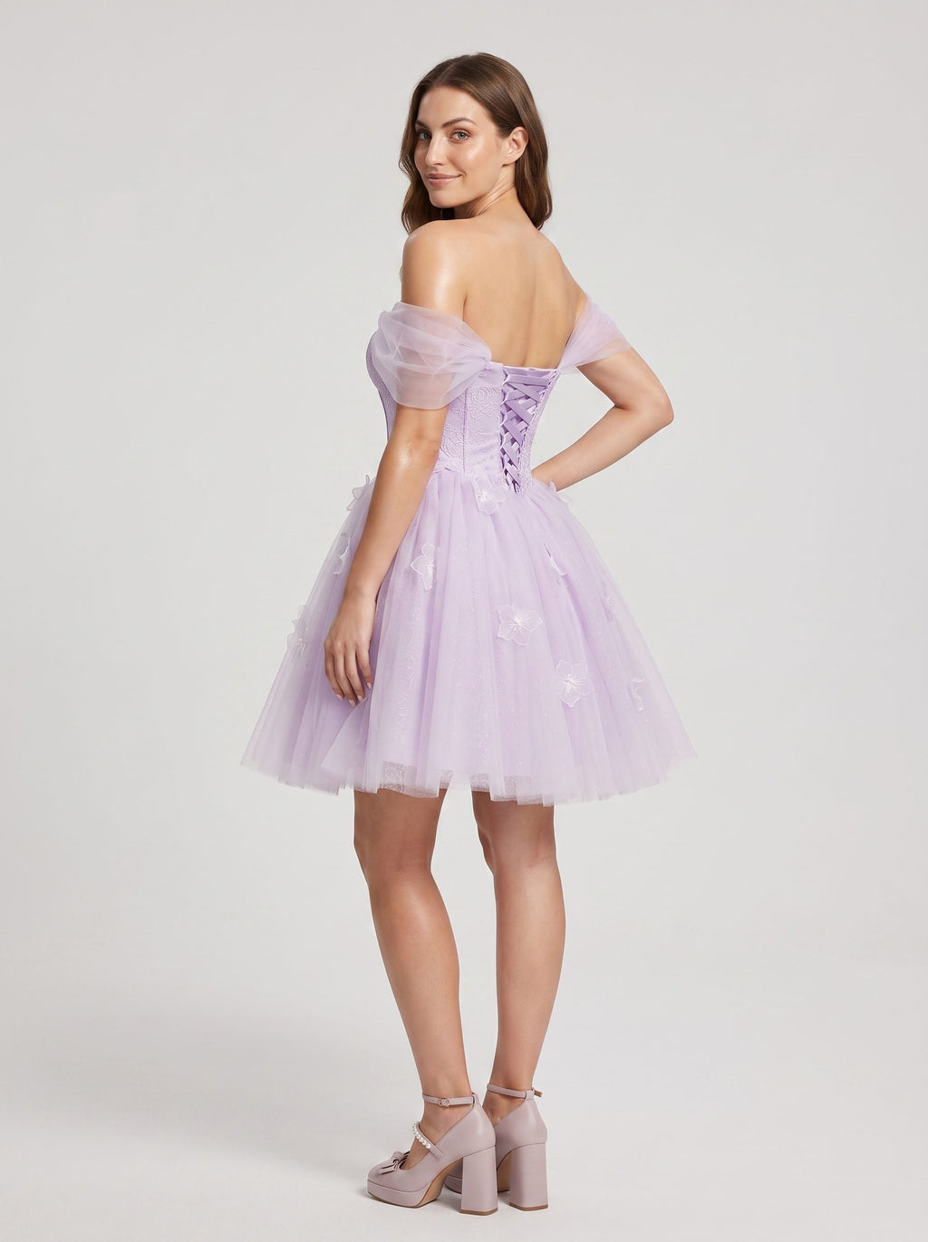 Lilac Tulle A-Line Off-the-Shoulder Criss-Cross Straps Short Dress with 3D Flowers