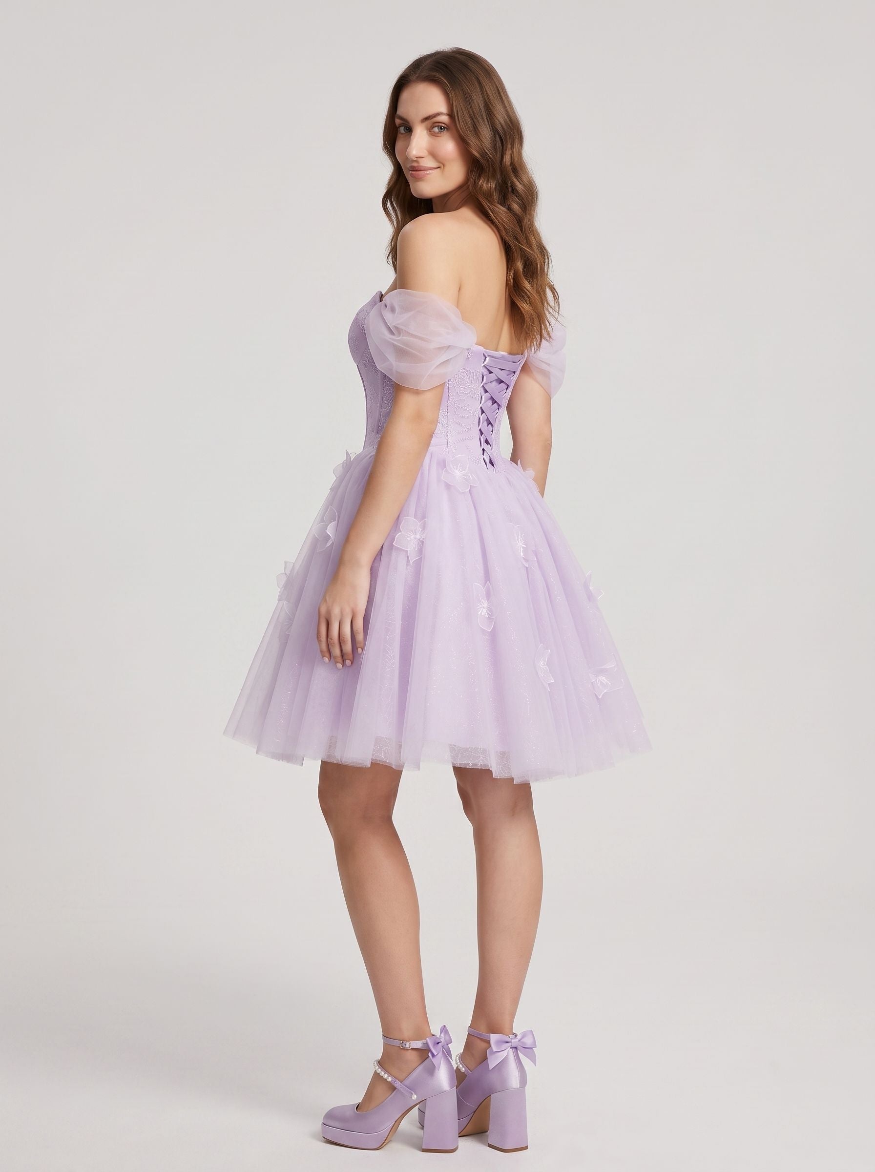 Lilac Tulle A-Line Off-the-Shoulder Criss-Cross Straps Short Dress with 3D Flowers