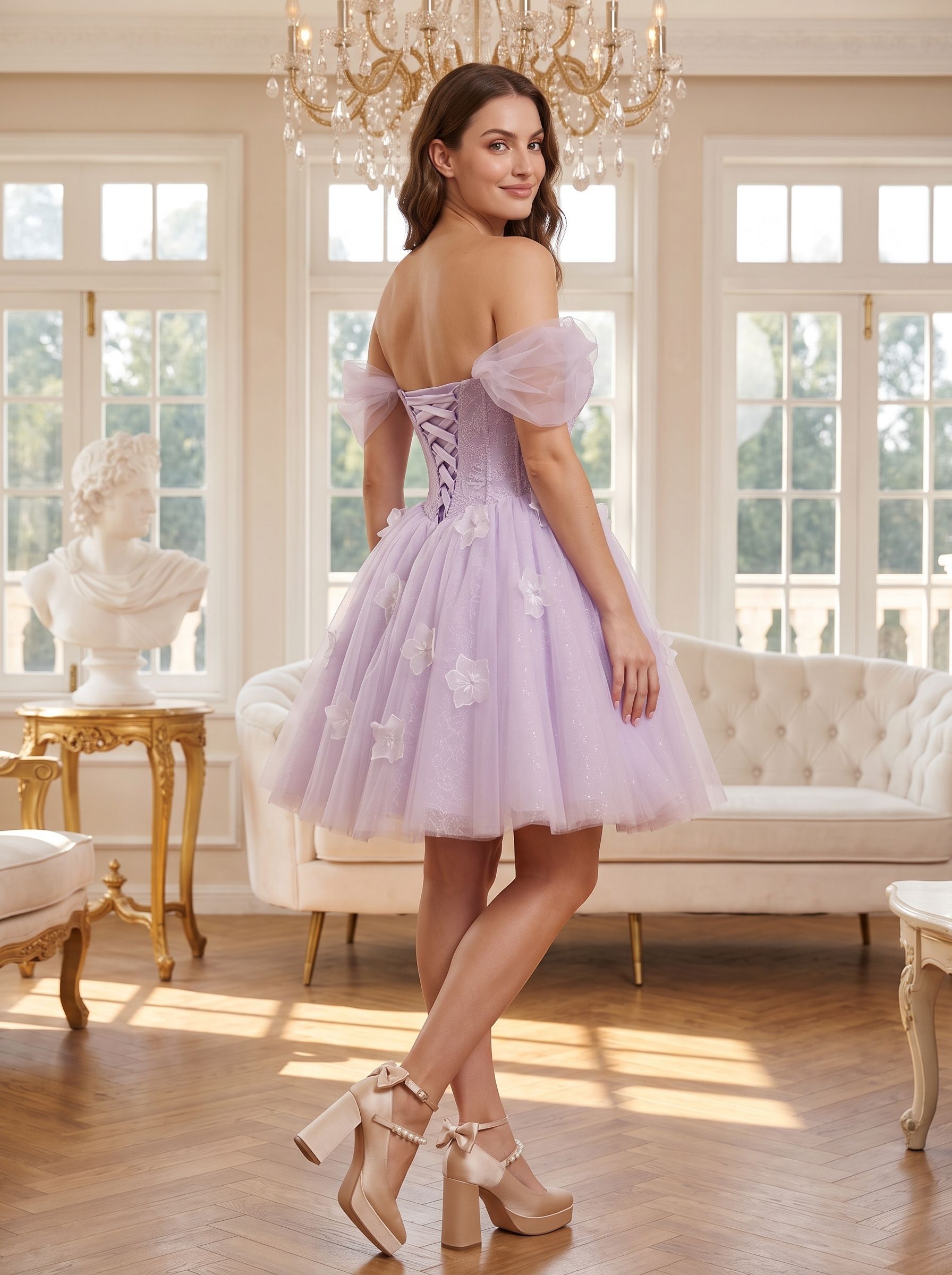 Lilac Tulle A-Line Off-the-Shoulder Criss-Cross Straps Short Dress with 3D Flowers