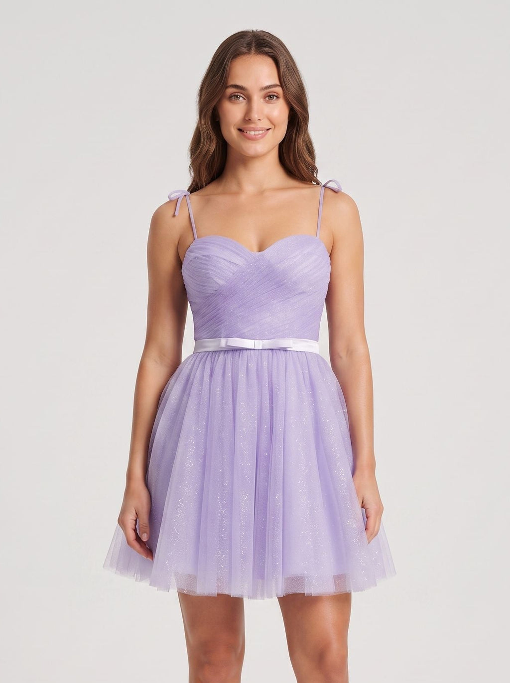 Lavender Tulle A-Line Sweetheart Back Zip Short Dress with Tie Straps