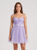 Lavender Tulle A-Line Sweetheart Back Zip Short Dress with Tie Straps