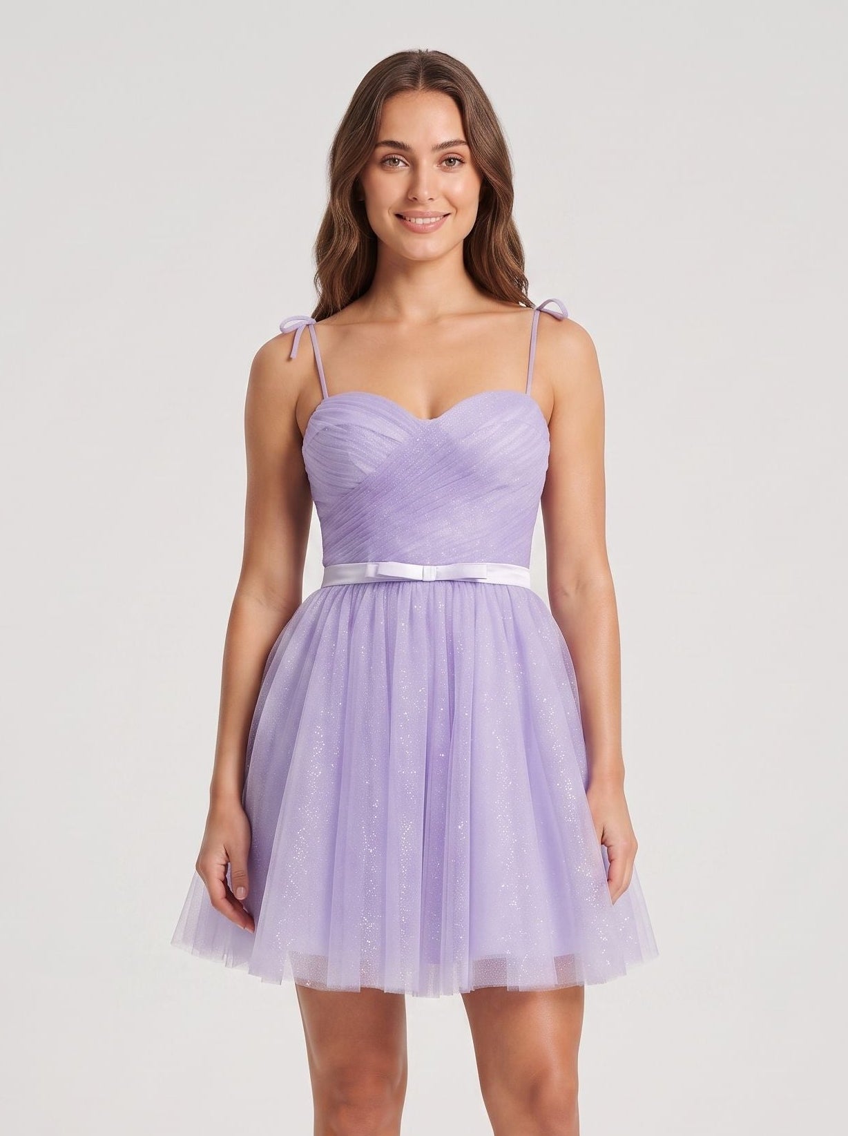 Lavender Tulle A-Line Sweetheart Back Zip Short Dress with Tie Straps