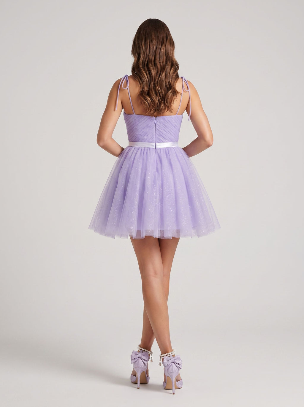 Lavender Tulle A-Line Sweetheart Back Zip Short Dress with Tie Straps
