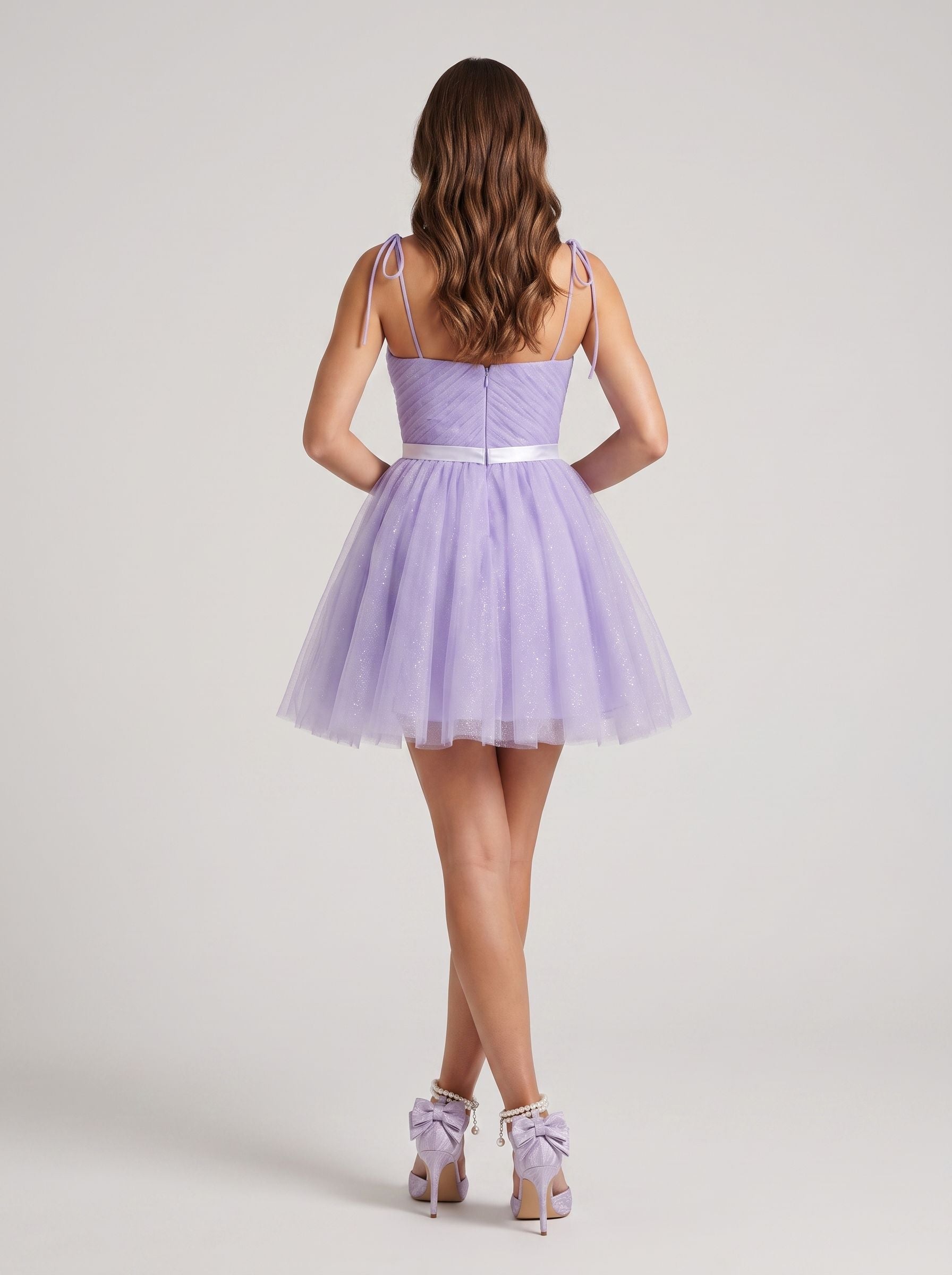 Lavender Tulle A-Line Sweetheart Back Zip Short Dress with Tie Straps