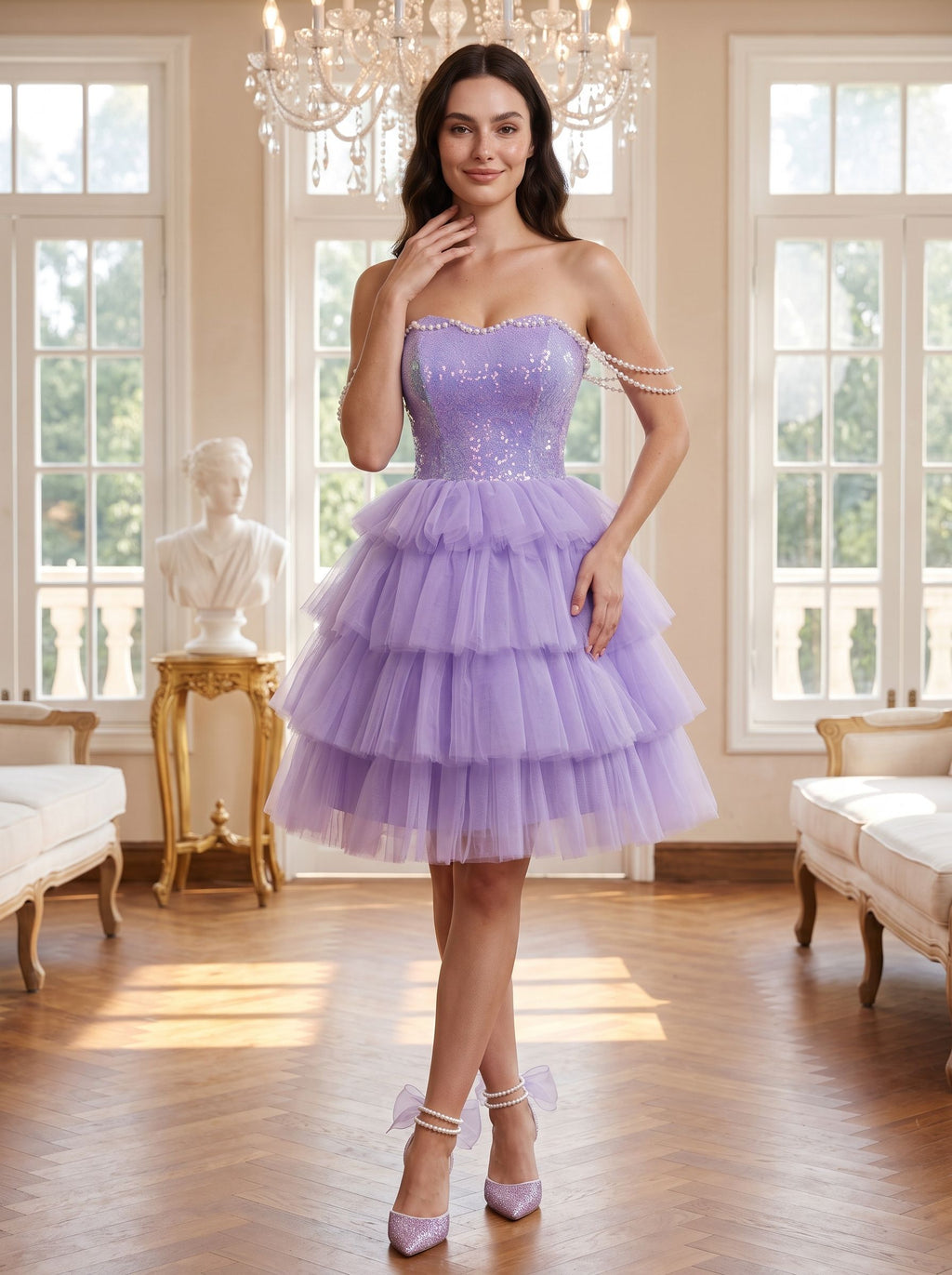 Wisteria Tulle A-Line Sweetheart Criss-Cross Straps Short Dress with Beading