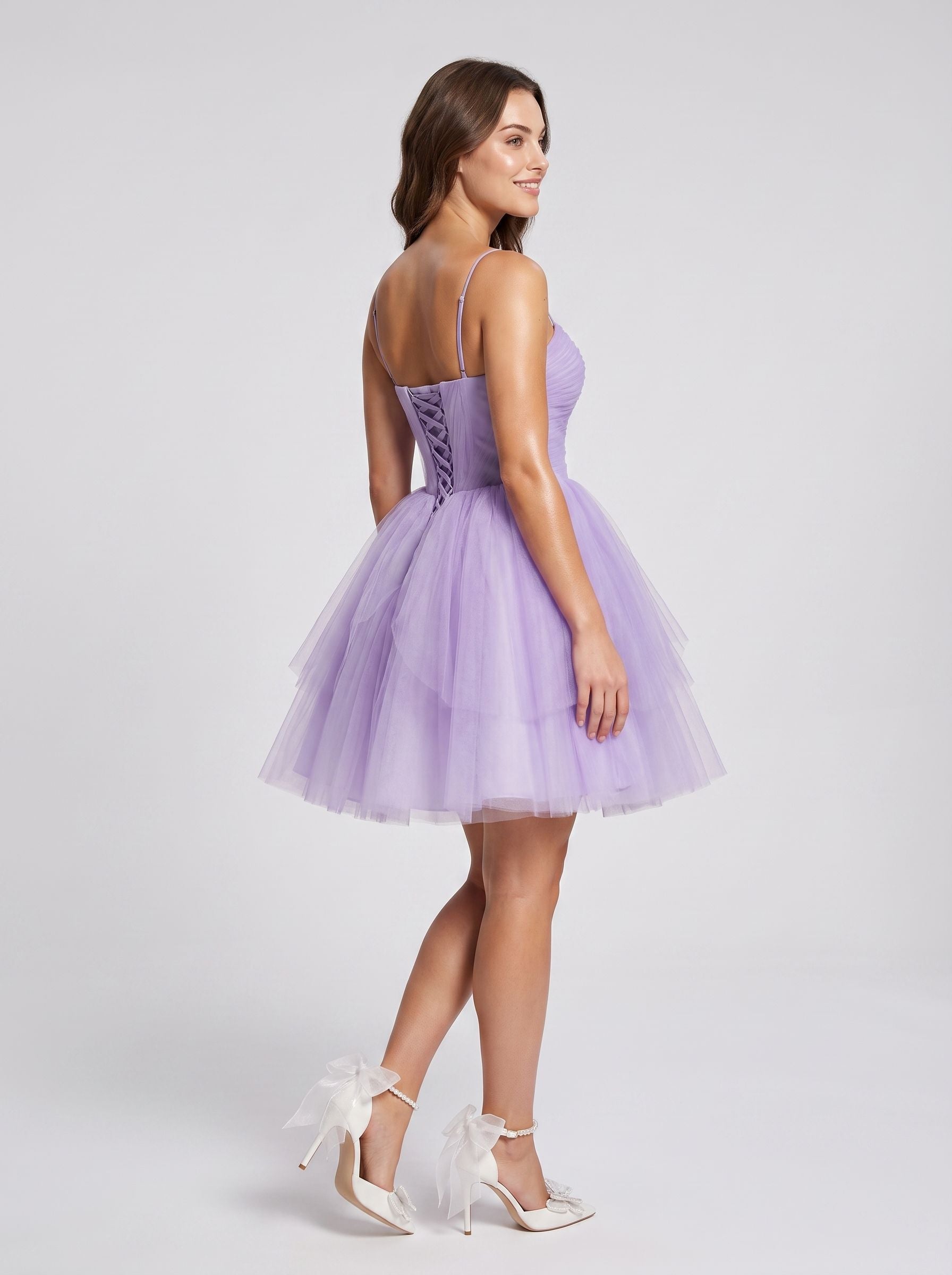 Wisteria Tulle A-Line Sweetheart Lace-up Short  Dress with Spaghetti Straps