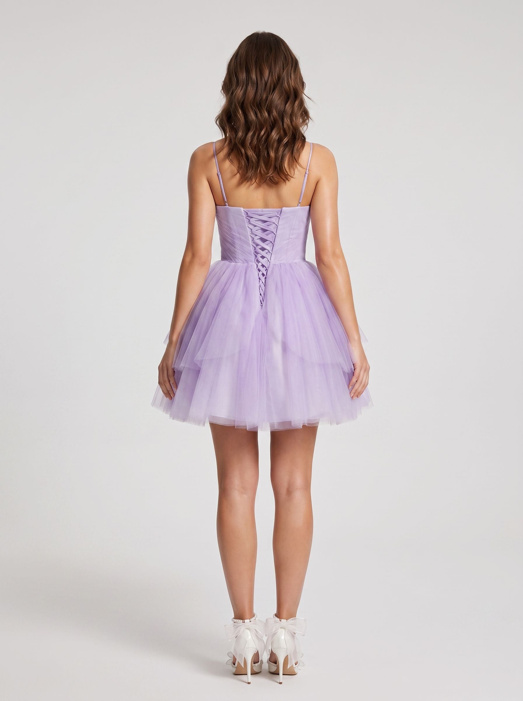 Wisteria Tulle A-Line Sweetheart Lace-up Short  Dress with Spaghetti Straps