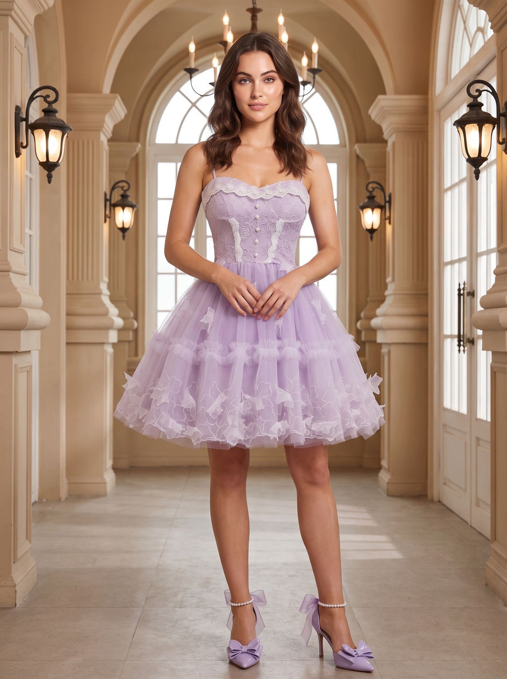 Lavender Tulle A-Line Sweetheart Criss-Cross Straps Short Dress with 3D Applique