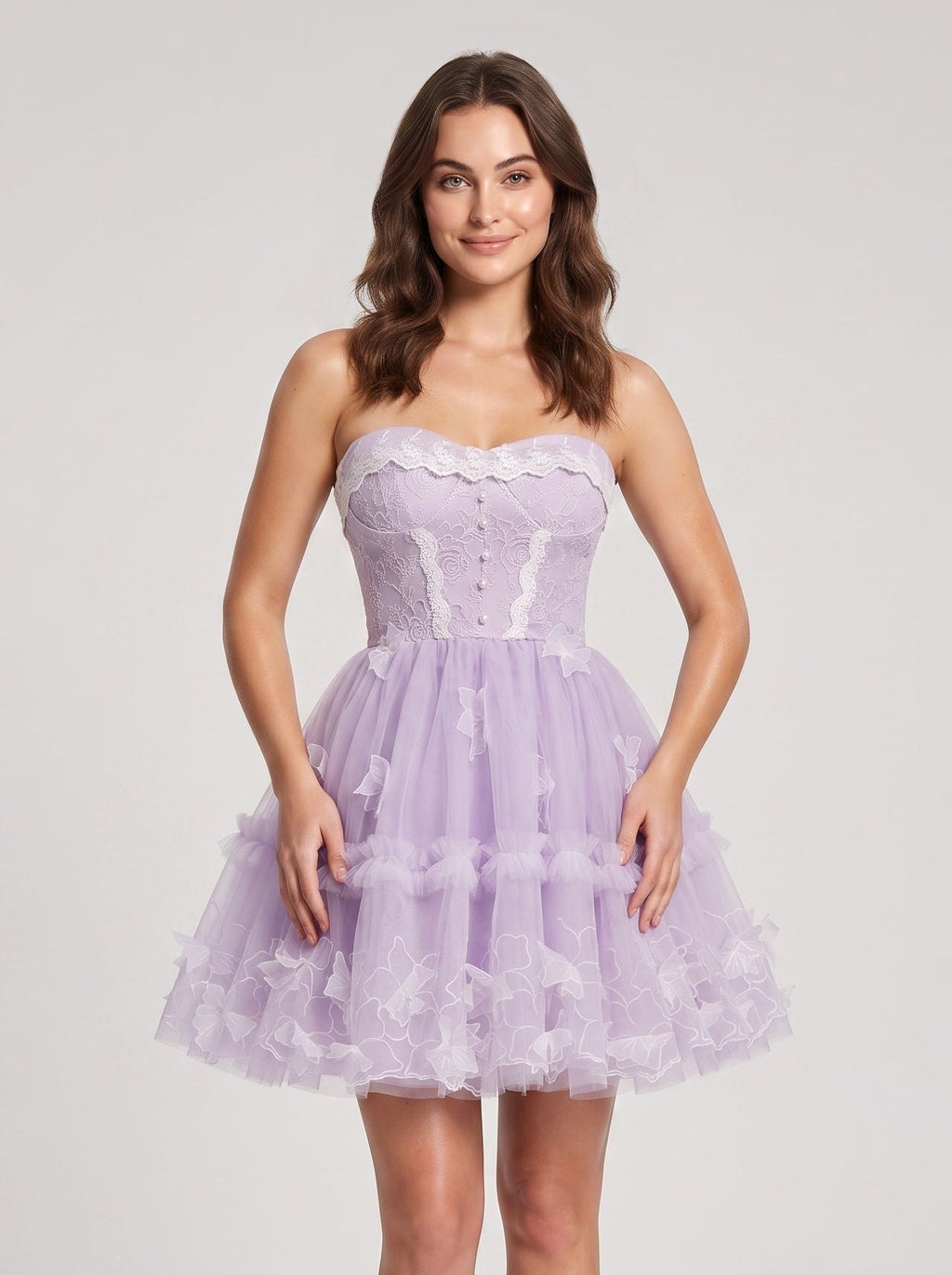 Lavender Tulle A-Line Sweetheart Criss-Cross Straps Short Dress with 3D Applique