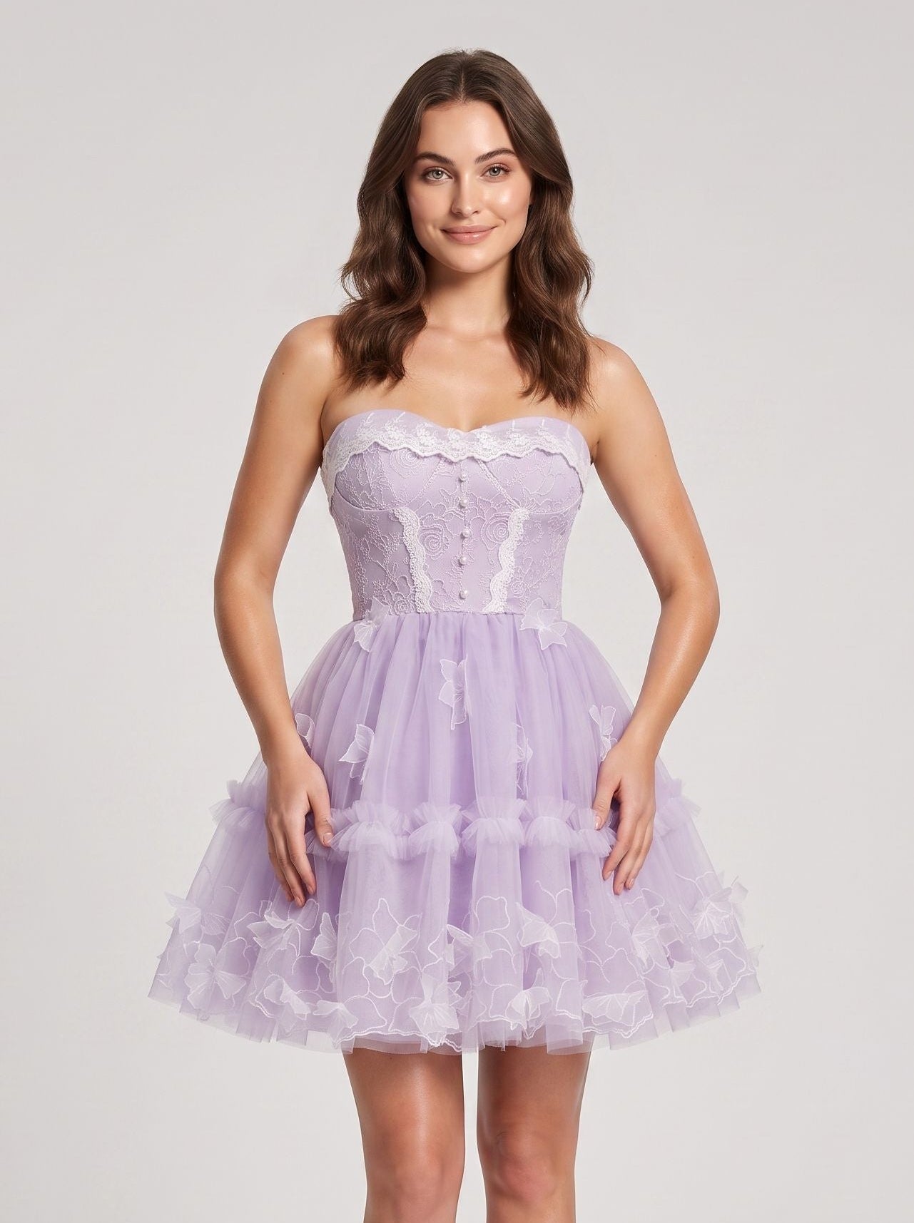Lavender Tulle A-Line Sweetheart Criss-Cross Straps Short Dress with 3D Applique