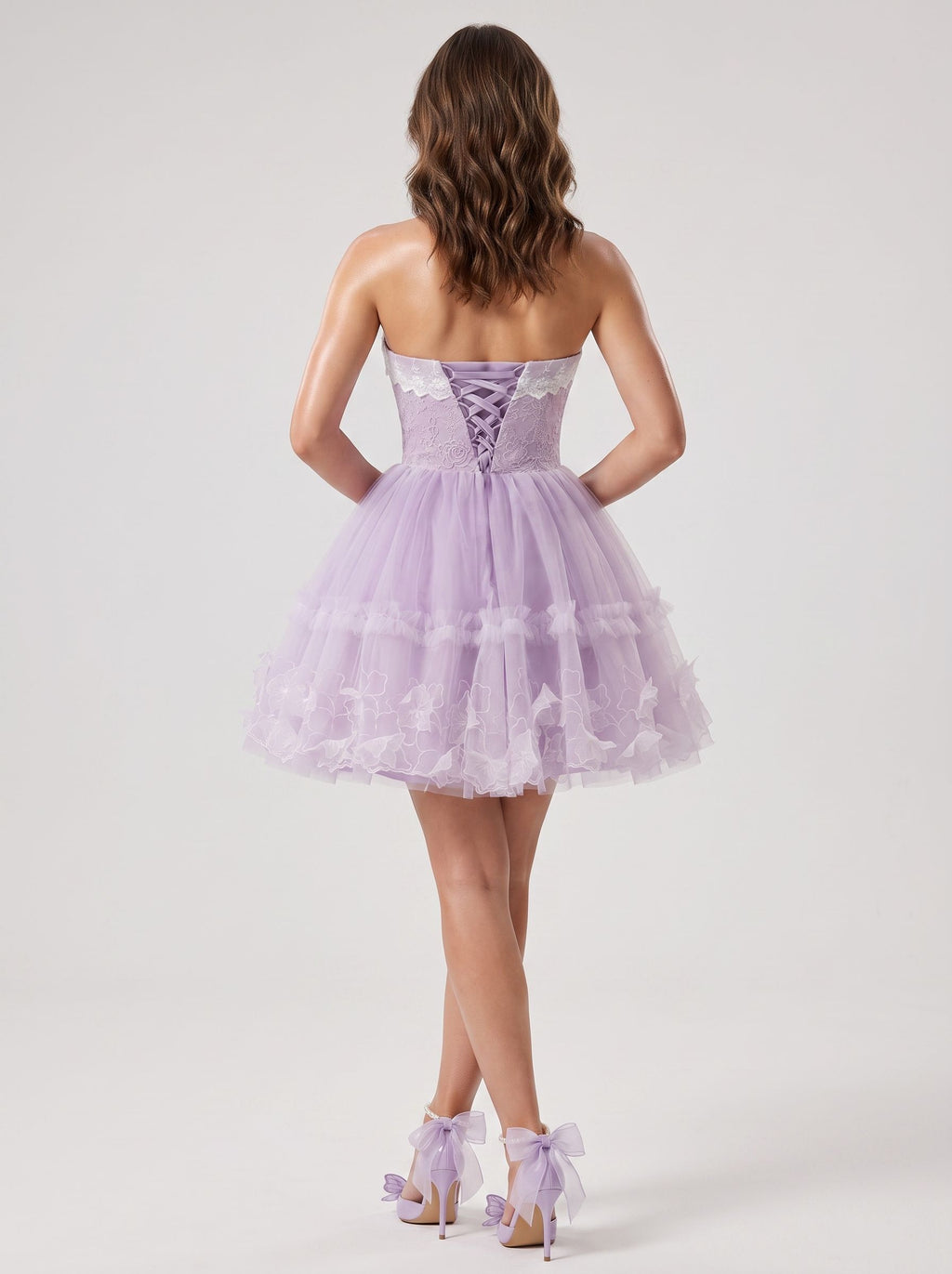 Lavender Tulle A-Line Sweetheart Criss-Cross Straps Short Dress with 3D Applique