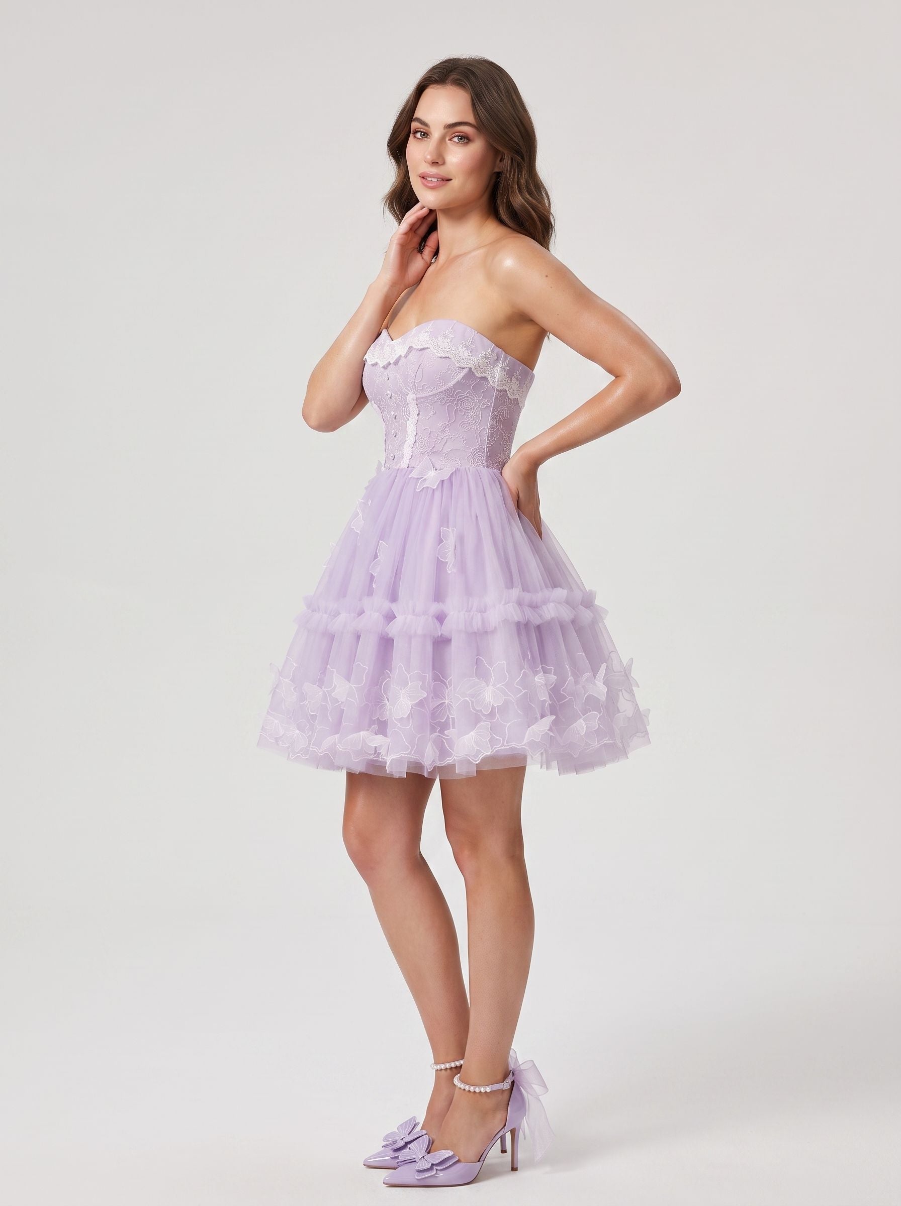 Lavender Tulle A-Line Sweetheart Criss-Cross Straps Short Dress with 3D Applique
