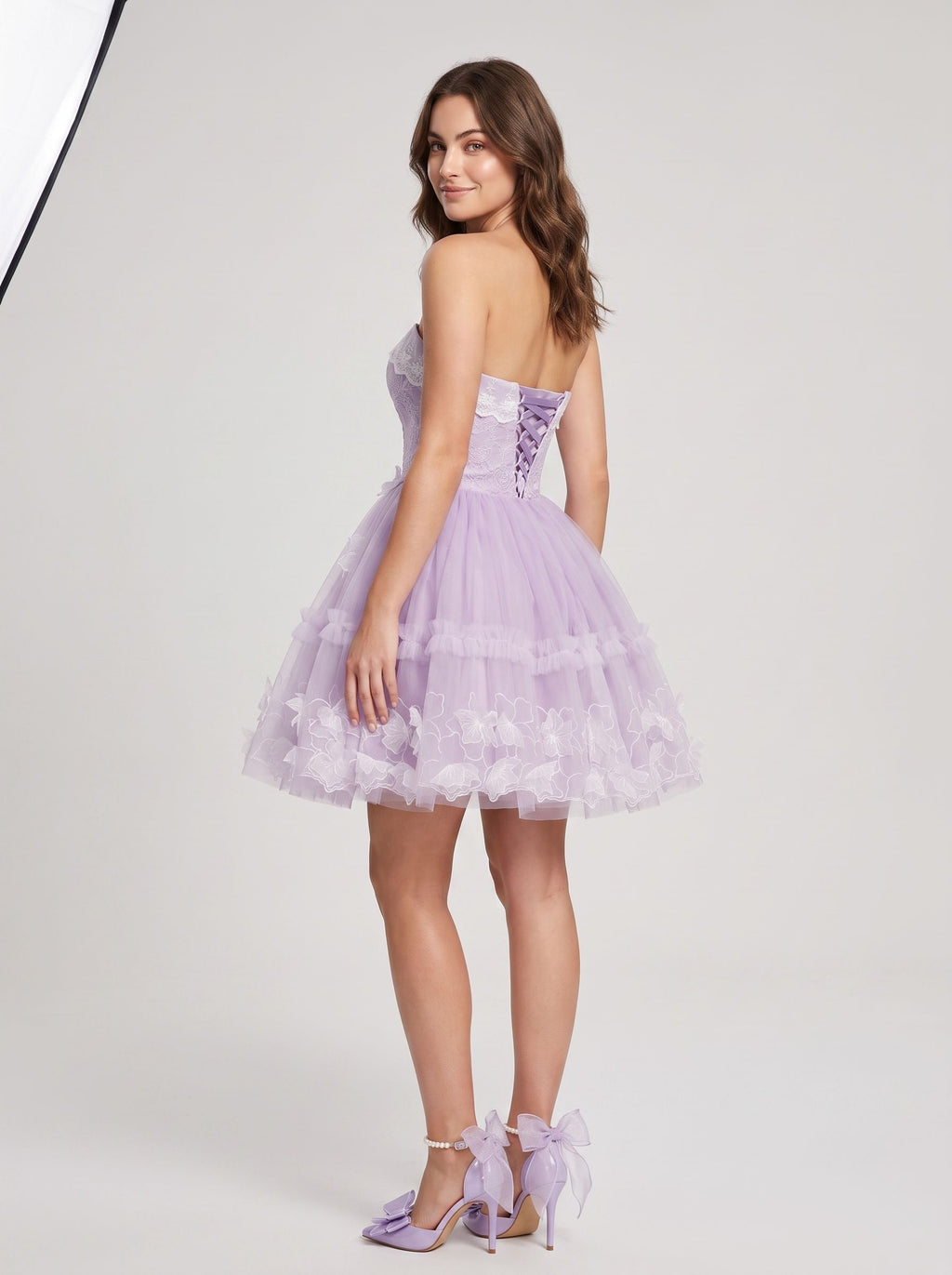 Lavender Tulle A-Line Sweetheart Criss-Cross Straps Short Dress with 3D Applique