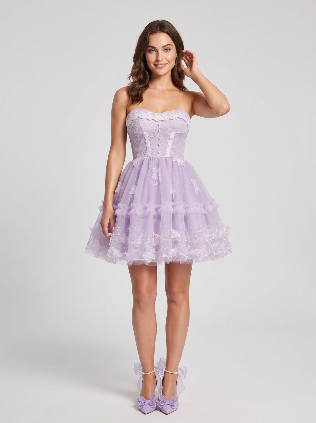 Lavender Tulle A-Line Sweetheart Criss-Cross Straps Short Dress with 3D Applique
