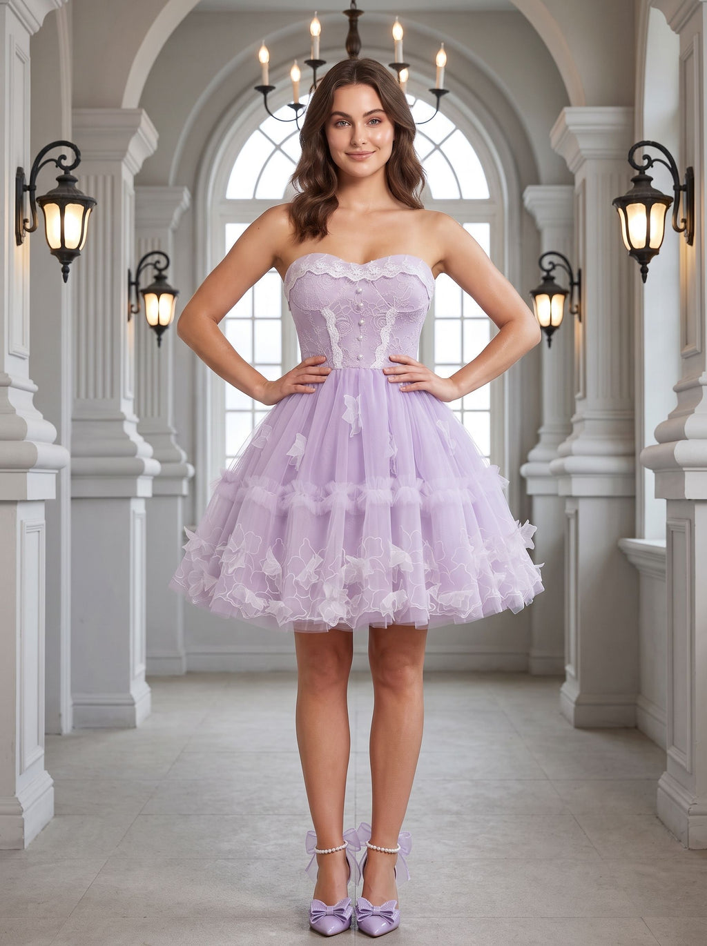 Lavender Tulle A-Line Sweetheart Criss-Cross Straps Short Dress with 3D Applique