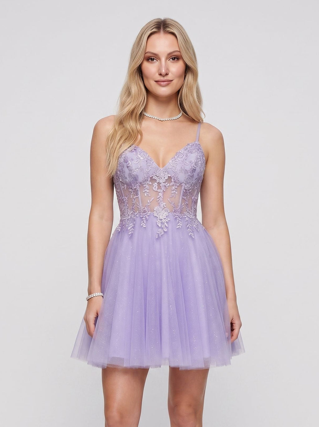 Lavender Tulle A-Line V-Neck Back Zip Short Dress with Appliques