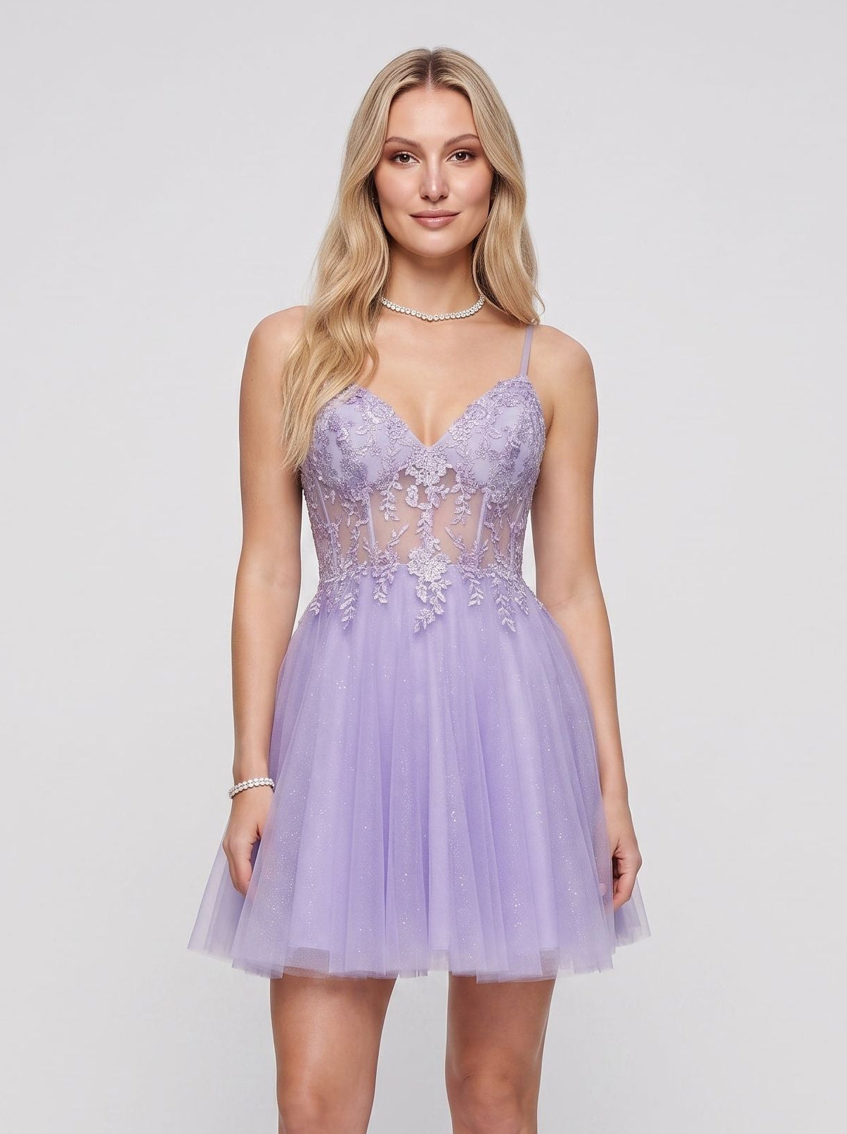 Lavender Tulle A-Line V-Neck Back Zip Short Dress with Appliques