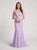 Lavender Tulle Mermaid Halter neckline Lace-up Floor-Length Dress with Appliques
