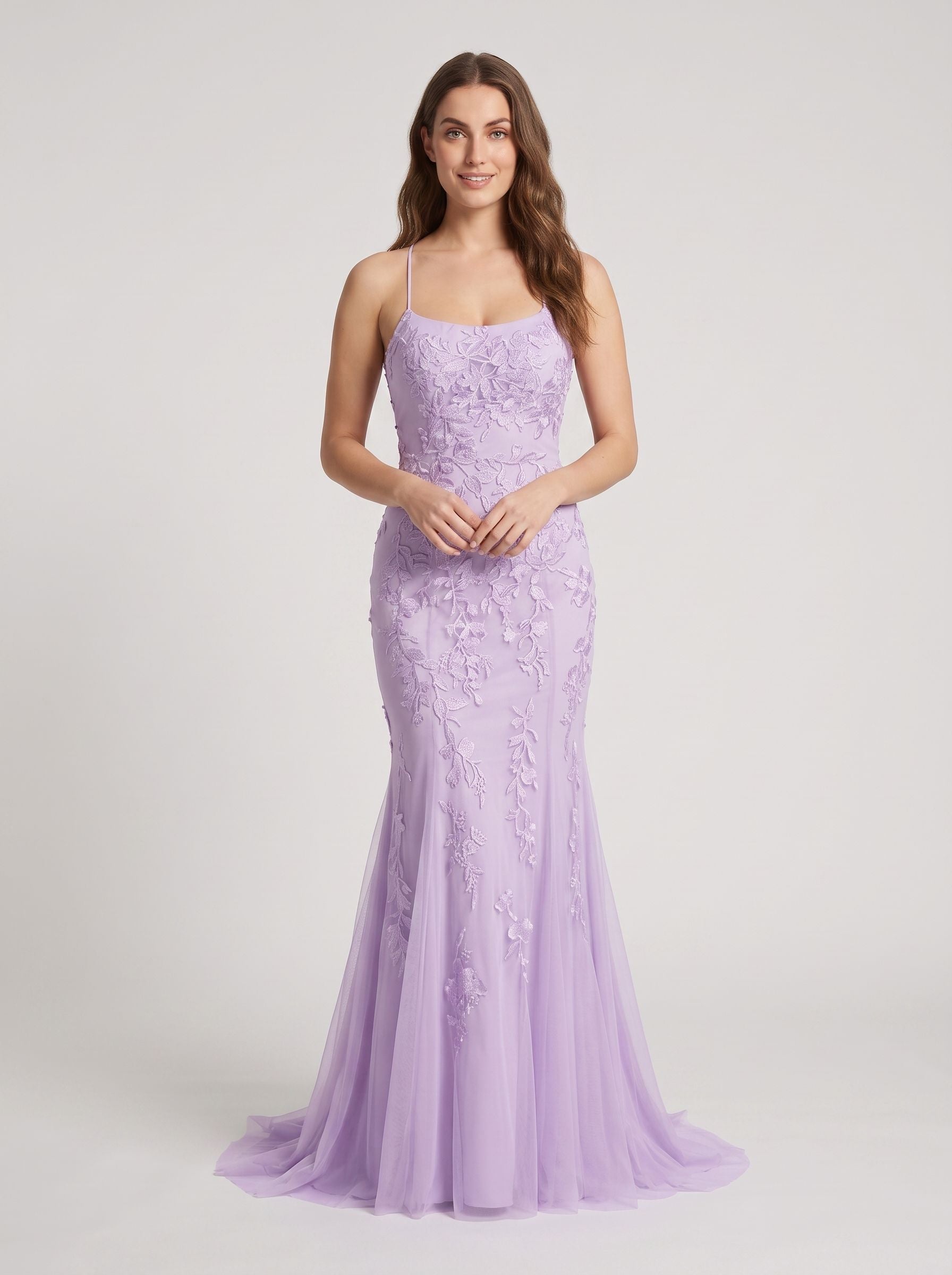 Lavender Tulle Mermaid Halter neckline Lace-up Floor-Length Dress with Appliques