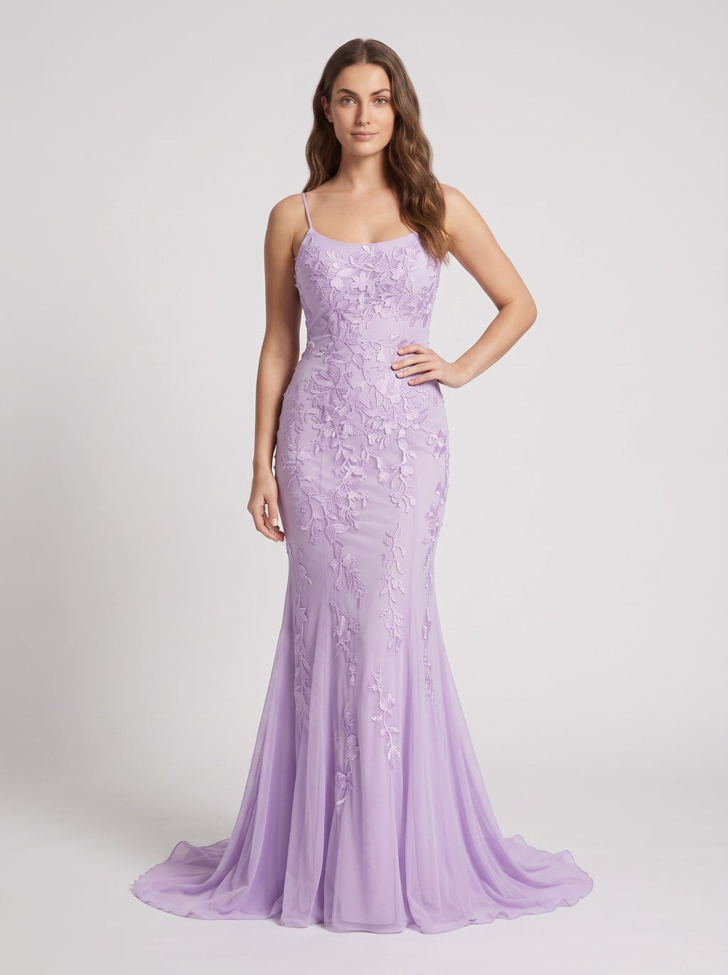 Lavender Tulle Mermaid Halter neckline Lace-up Floor-Length Dress with Appliques