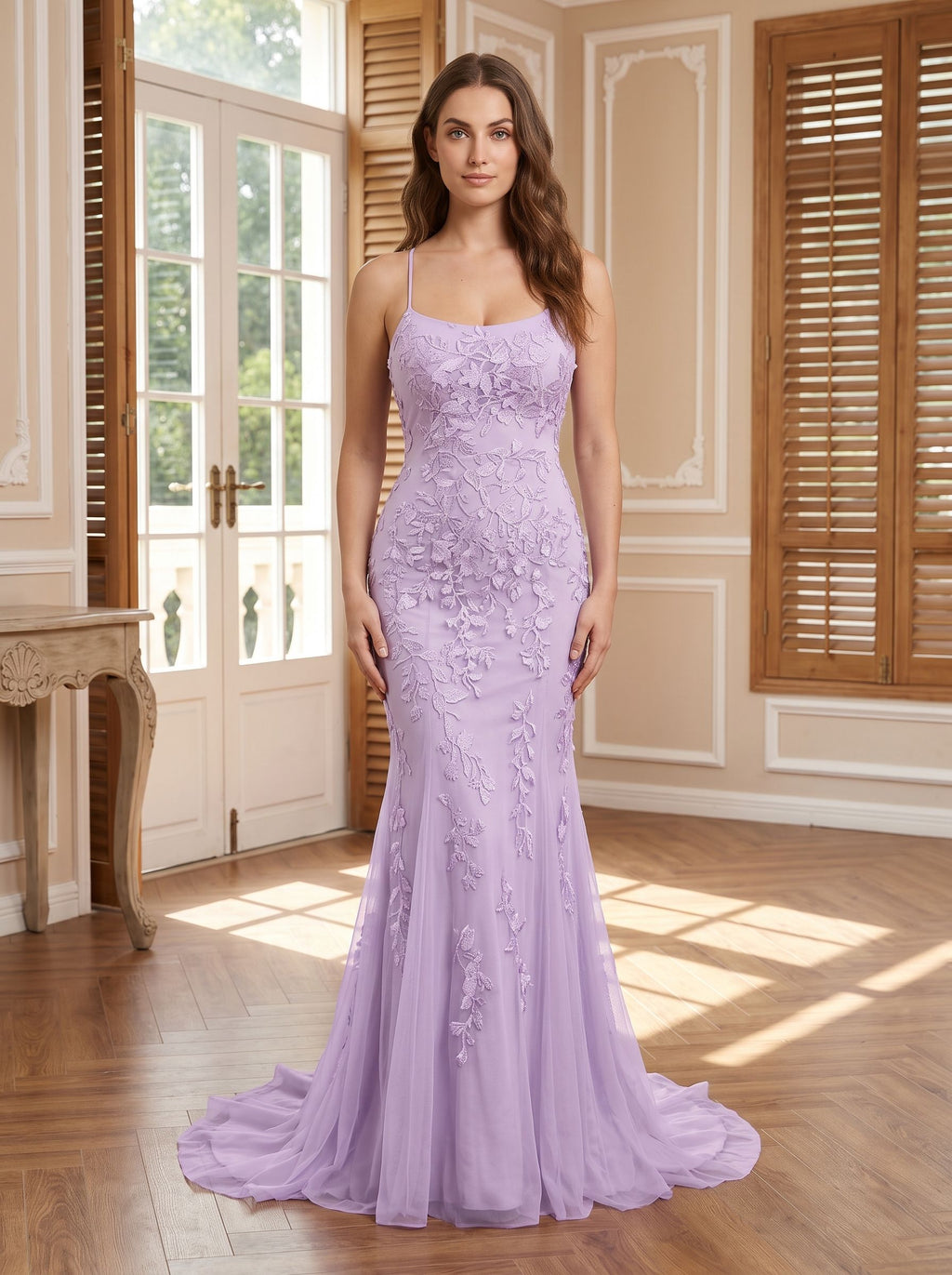 Lavender Tulle Mermaid Halter neckline Lace-up Floor-Length Dress with Appliques