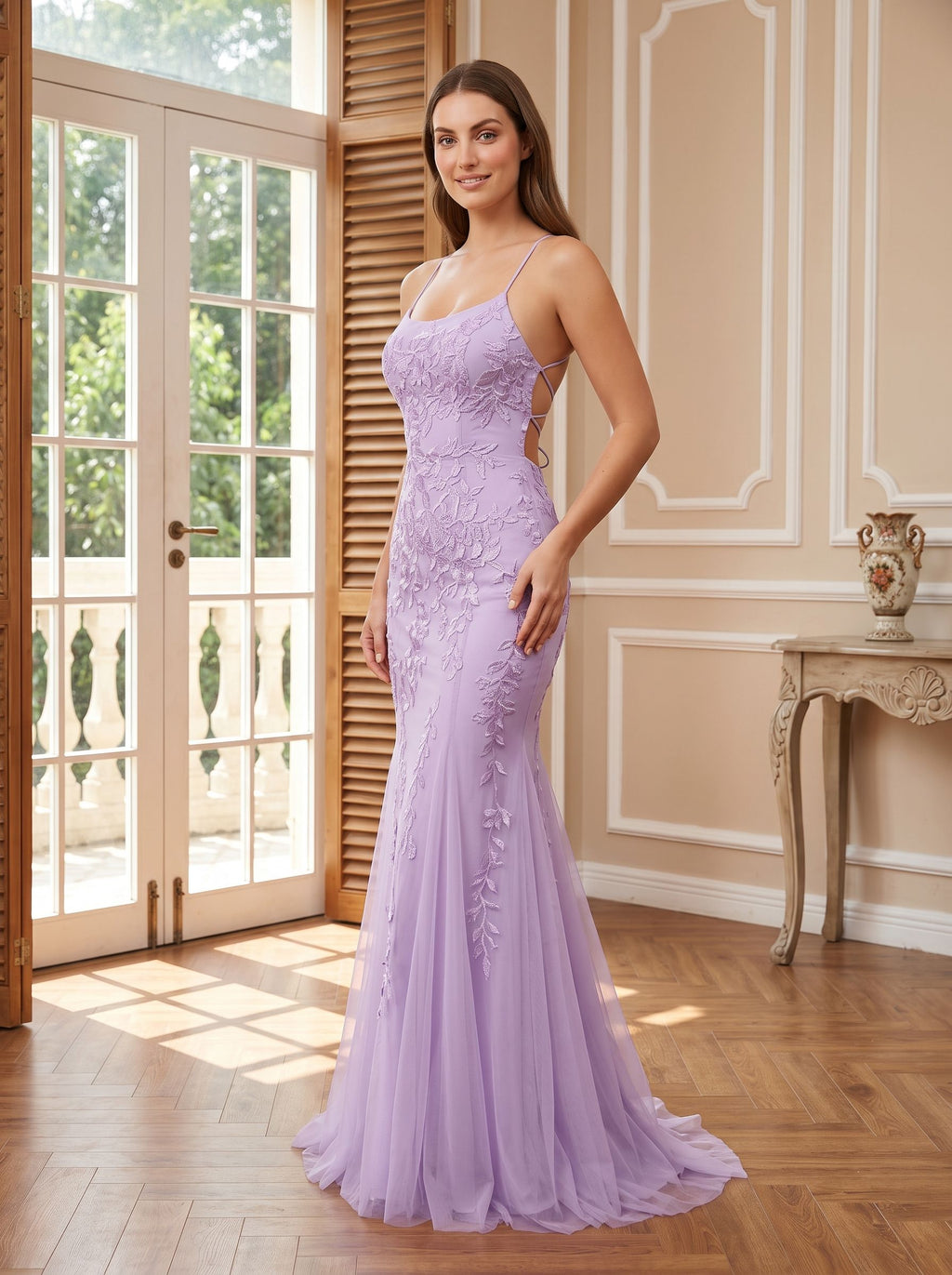 Lavender Tulle Mermaid Halter neckline Lace-up Floor-Length Dress with Appliques