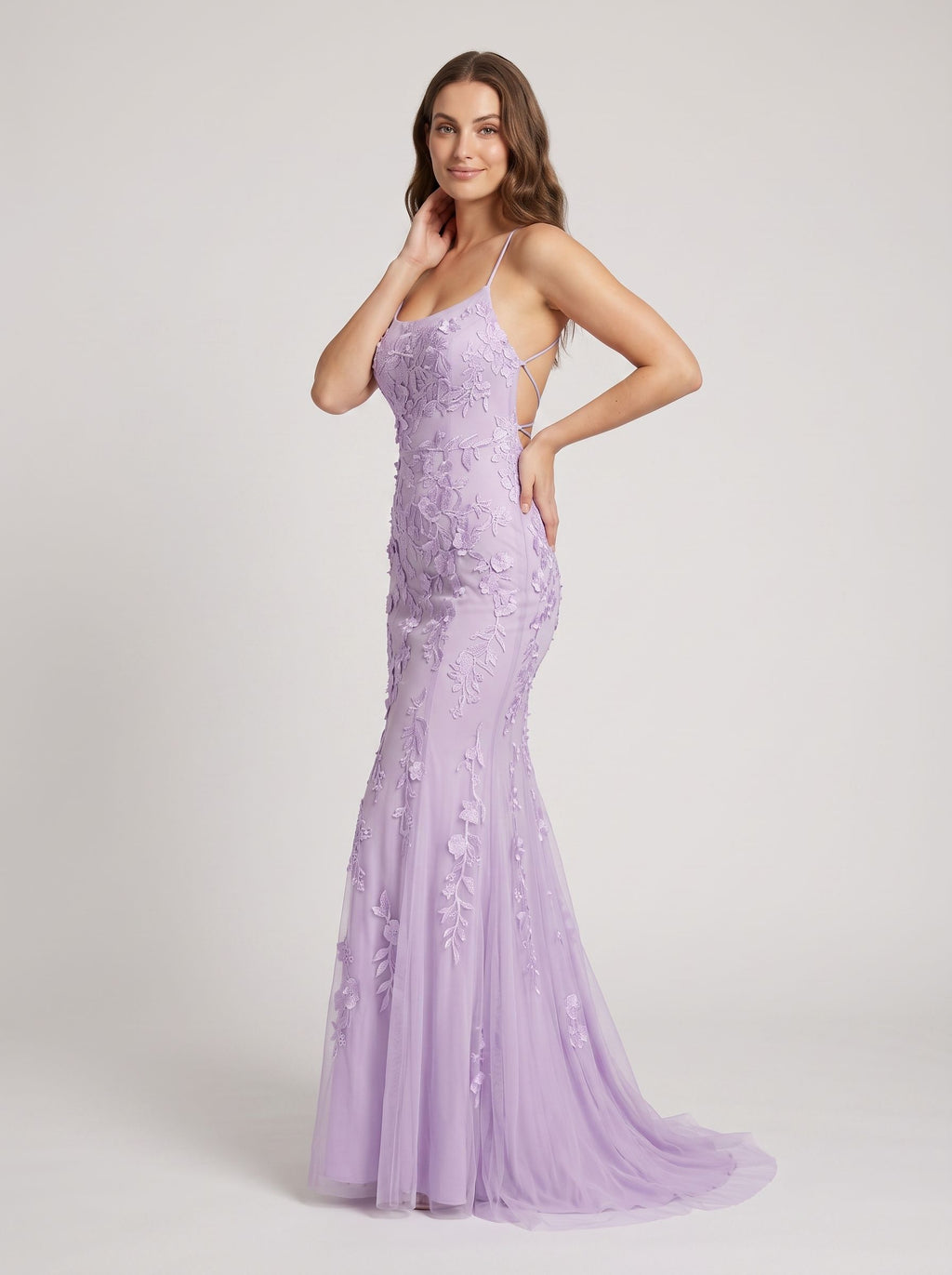 Lavender Tulle Mermaid Halter neckline Lace-up Floor-Length Dress with Appliques