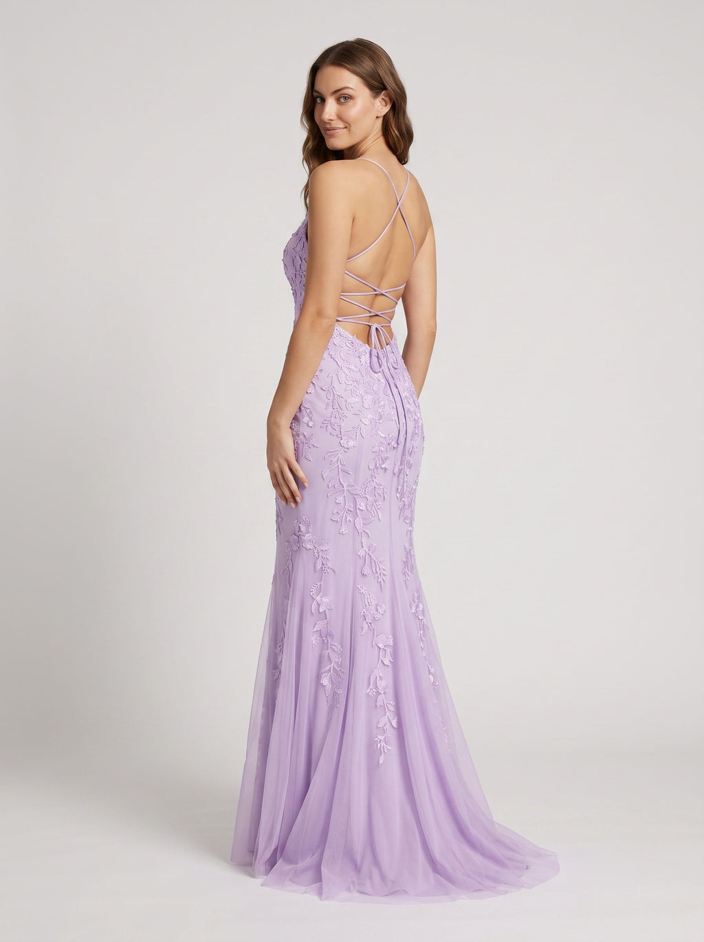 Lavender Tulle Mermaid Halter neckline Lace-up Floor-Length Dress with Appliques
