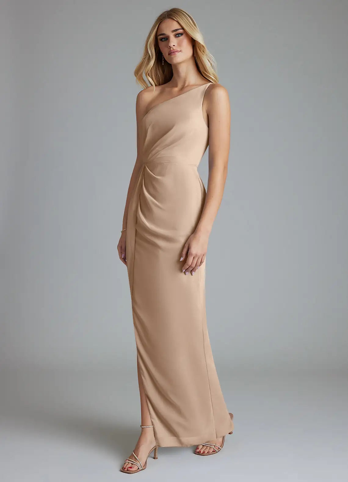 Sleek Satin Bridesmaid Dresses with One-Shoulder Neckline, Ruched Waist Detail and High Slit Formal Gown