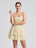 Yellow Chiffon A-Line Straight Neck Backless Short Dress with Cascading Ruffles