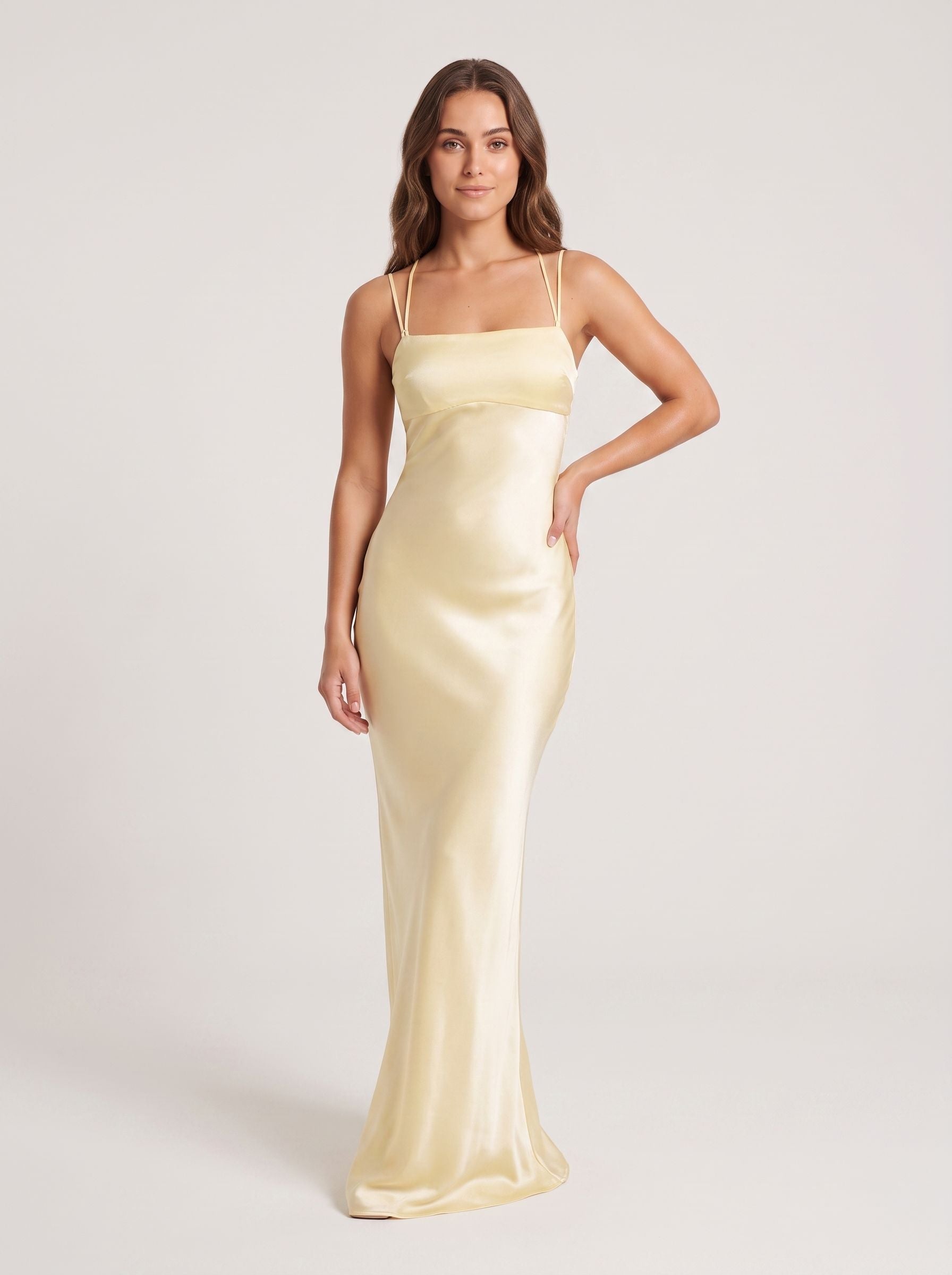 Daffodil Satin Column Square Neck Lace-up Floor-Length Dress with Pleated Bodice