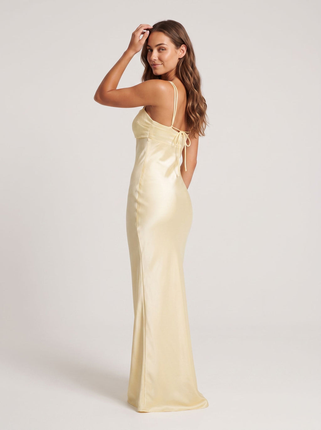 Daffodil Satin Column Square Neck Lace-up Floor-Length Dress with Pleated Bodice
