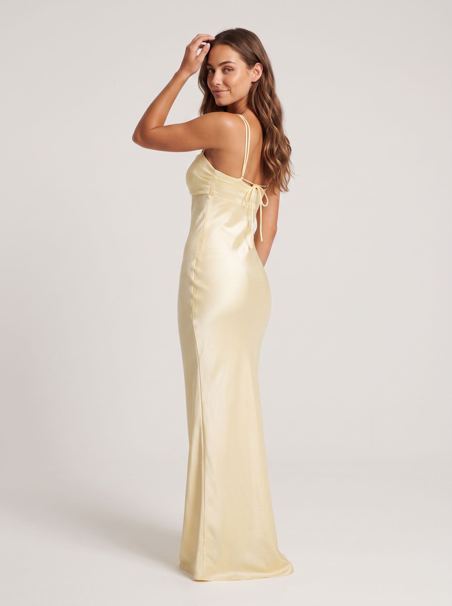 Daffodil Satin Column Square Neck Lace-up Floor-Length Dress with Pleated Bodice